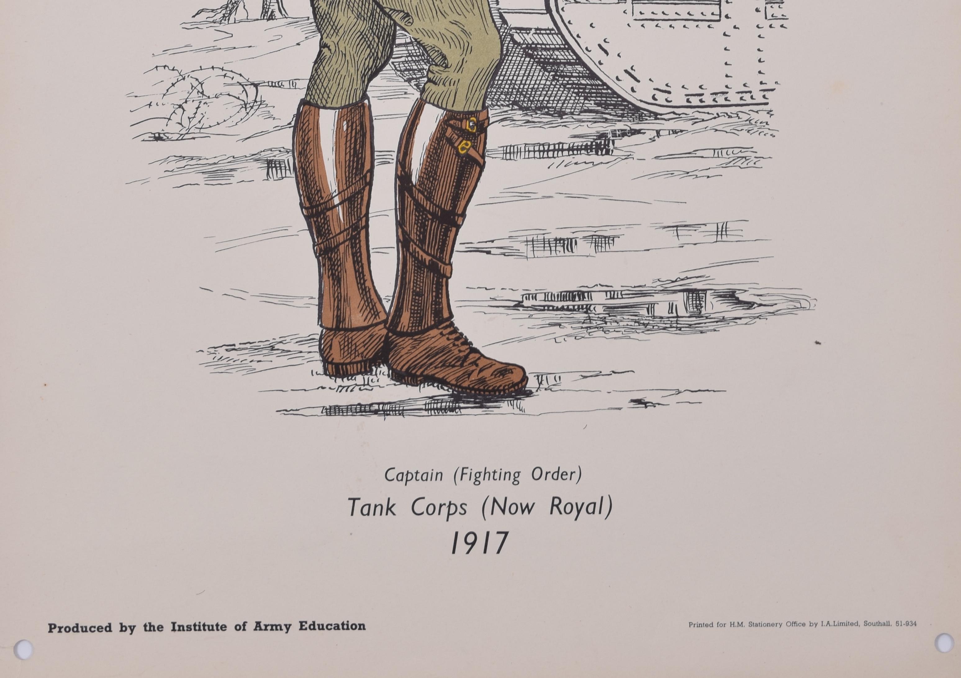 Tank Corps (now Royal) Captain (Fighting Order) 1917 uniform
Lithograph
50 x 31 cm

Produced for the Institute of Army Education. Printed for HM Stationery Office by I A Limited, Southall 51.

These posters were produced by the Institute of Army