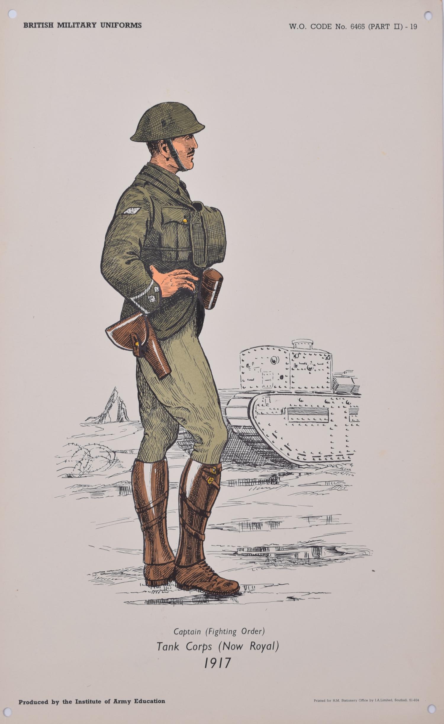 Unknown Portrait Print - Royal Tank Corps Captain Institute of Army Education WW1 uniform lithograph