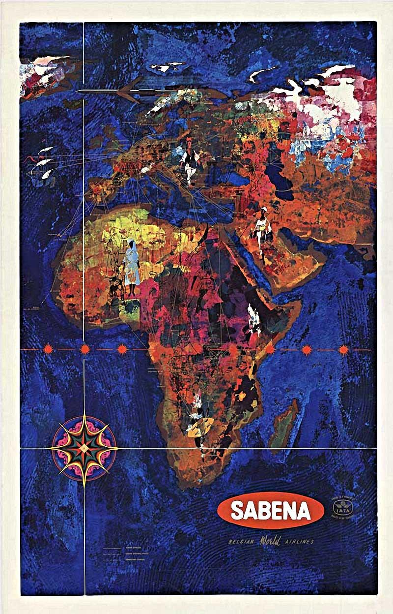 Sabena Belgian World Airlines original vintage travel poster to Africa
