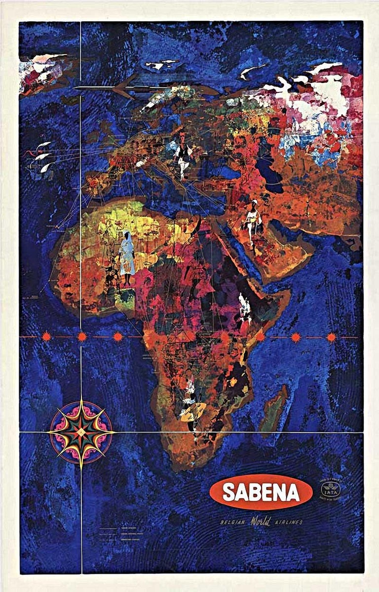 Unknown Landscape Print - Sabena Belgian World Airlines original vintage travel poster to Africa