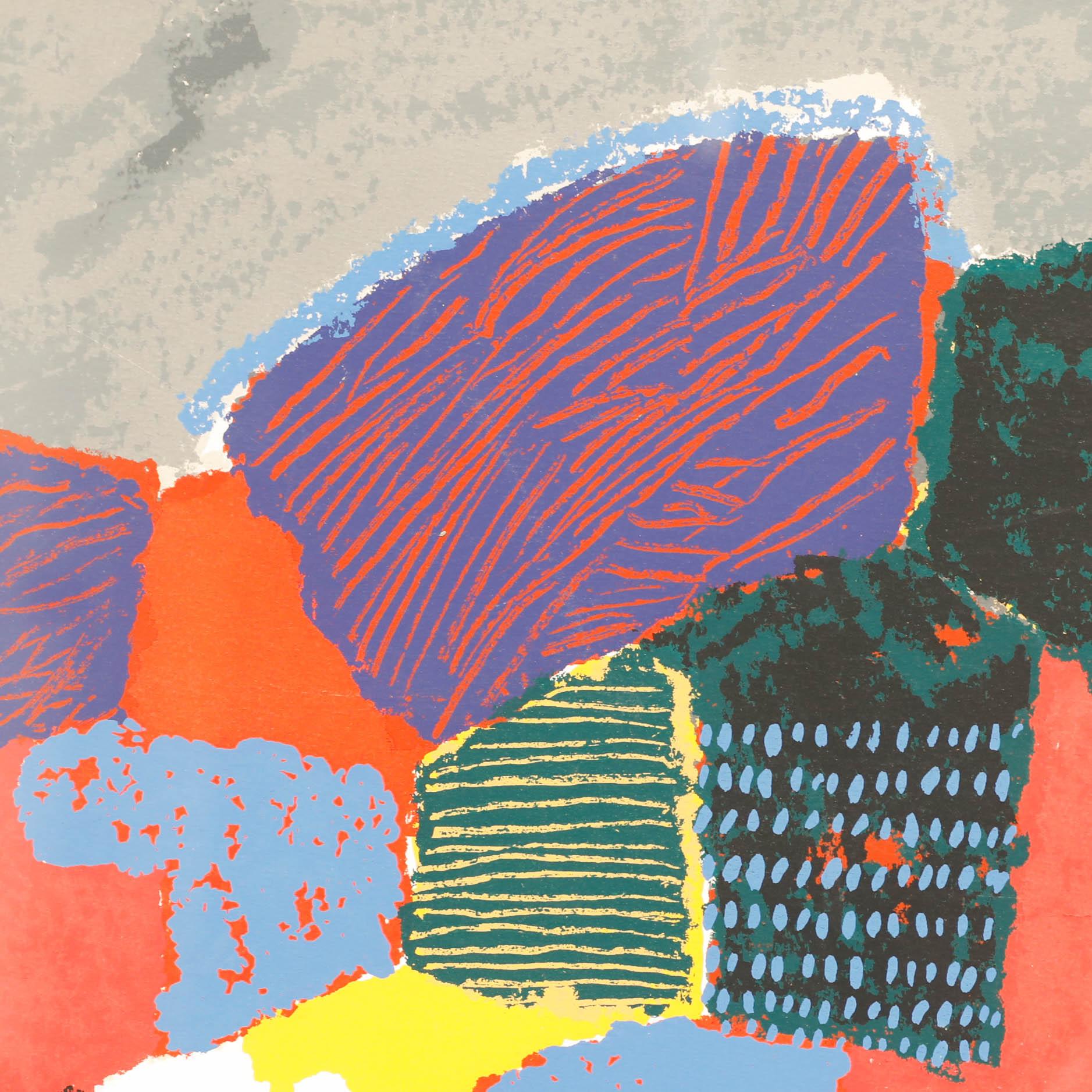 A striking abstract silkscreen depiction of a rolling landscape. Signed in graphite. Numbered 7/175. On paper.
