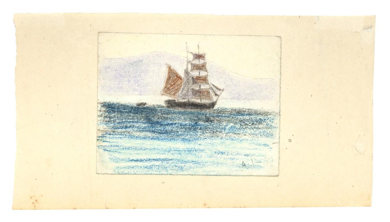 Unknown Figurative Print - Sailing Ship - Original Pastel on Paper - Early 20th Century