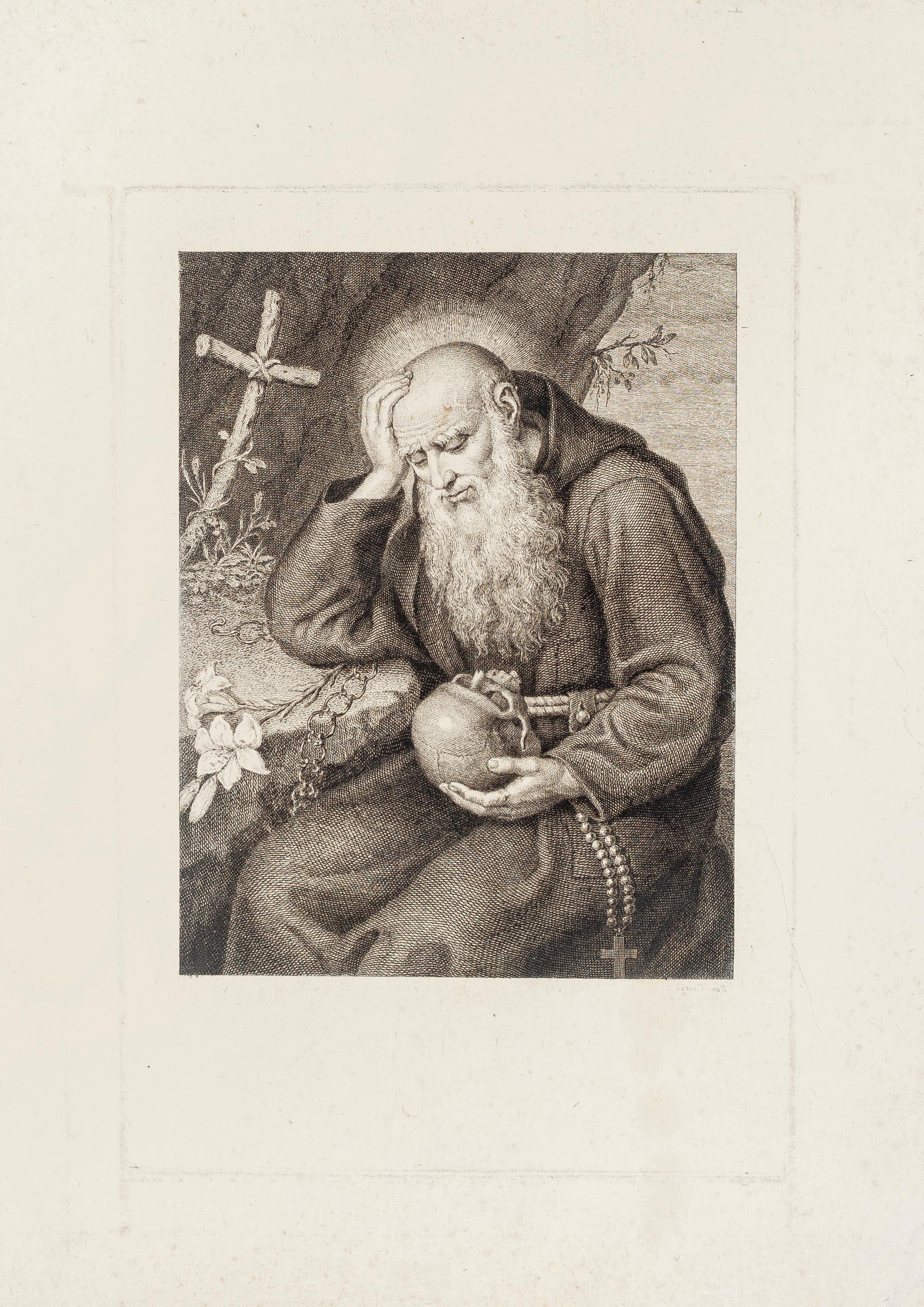 Saint Jerome with Skull - Original Etching - 18th Century - Print by Unknown