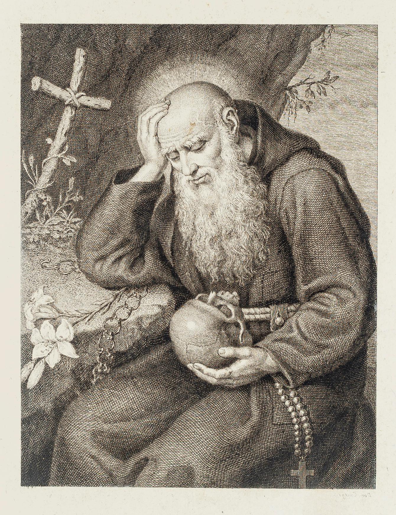 Unknown Portrait Print - Saint Jerome with Skull - Original Etching - 18th Century