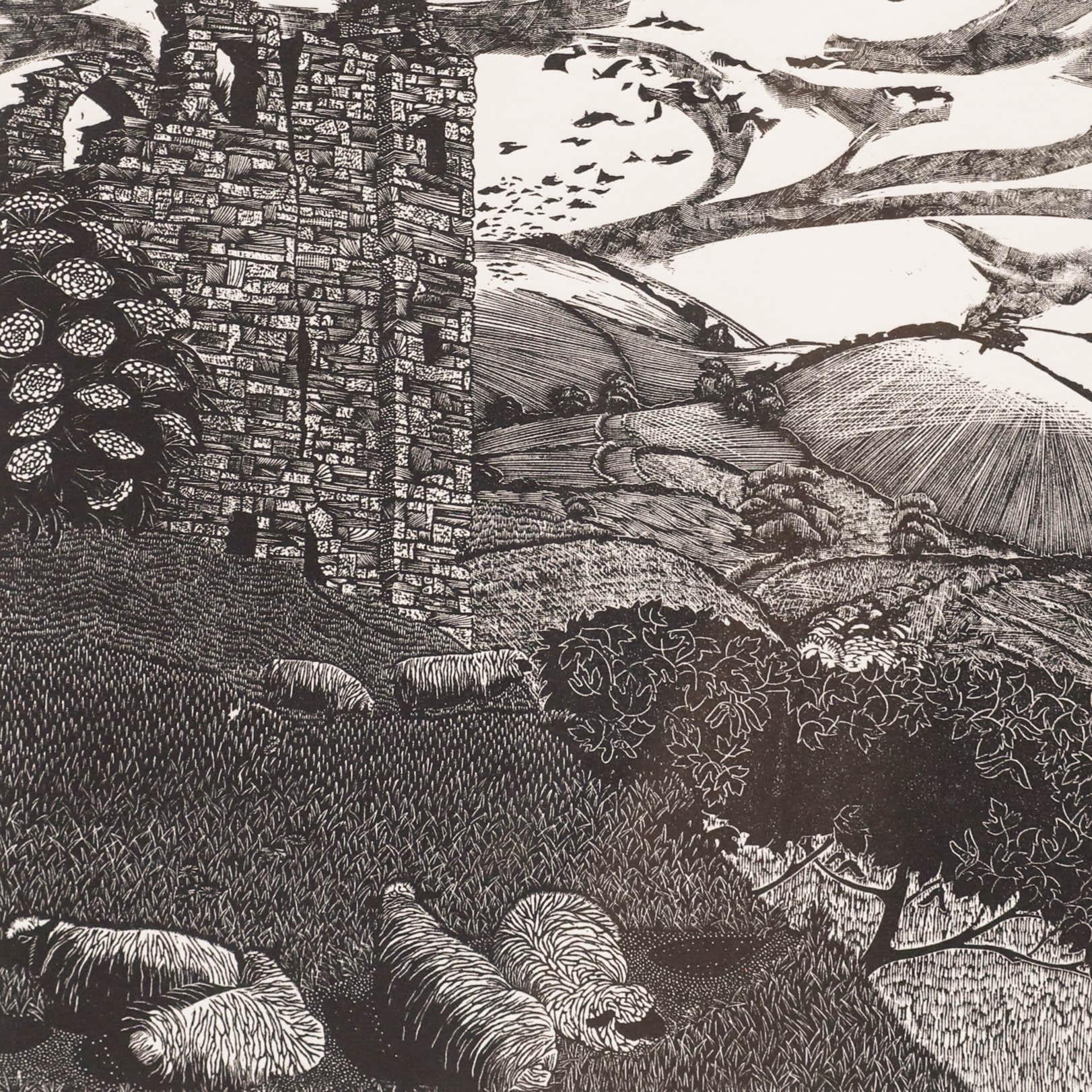 A delightful wood engraving by the artist Sarah Van Niekerk (b.1934) depicting the ruins of Clun Castle and surrounding Welsh countryside. To the lower left fluffy sheep rest in the hills whilst a quaint house sits in the landscape beyond. Signed