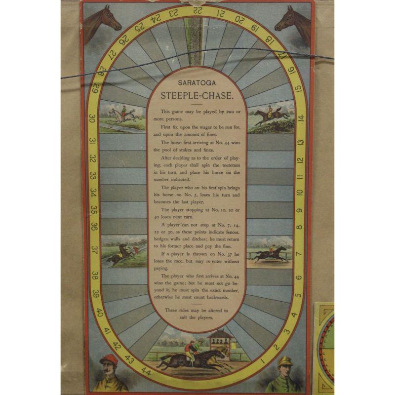 Classic 'Saratoga Steeple-Chase' framed c1920s board game

Manufactured by J.H. Singer New York together w/ a verso 44 slot racetrack

Board Sz: 7 3/4