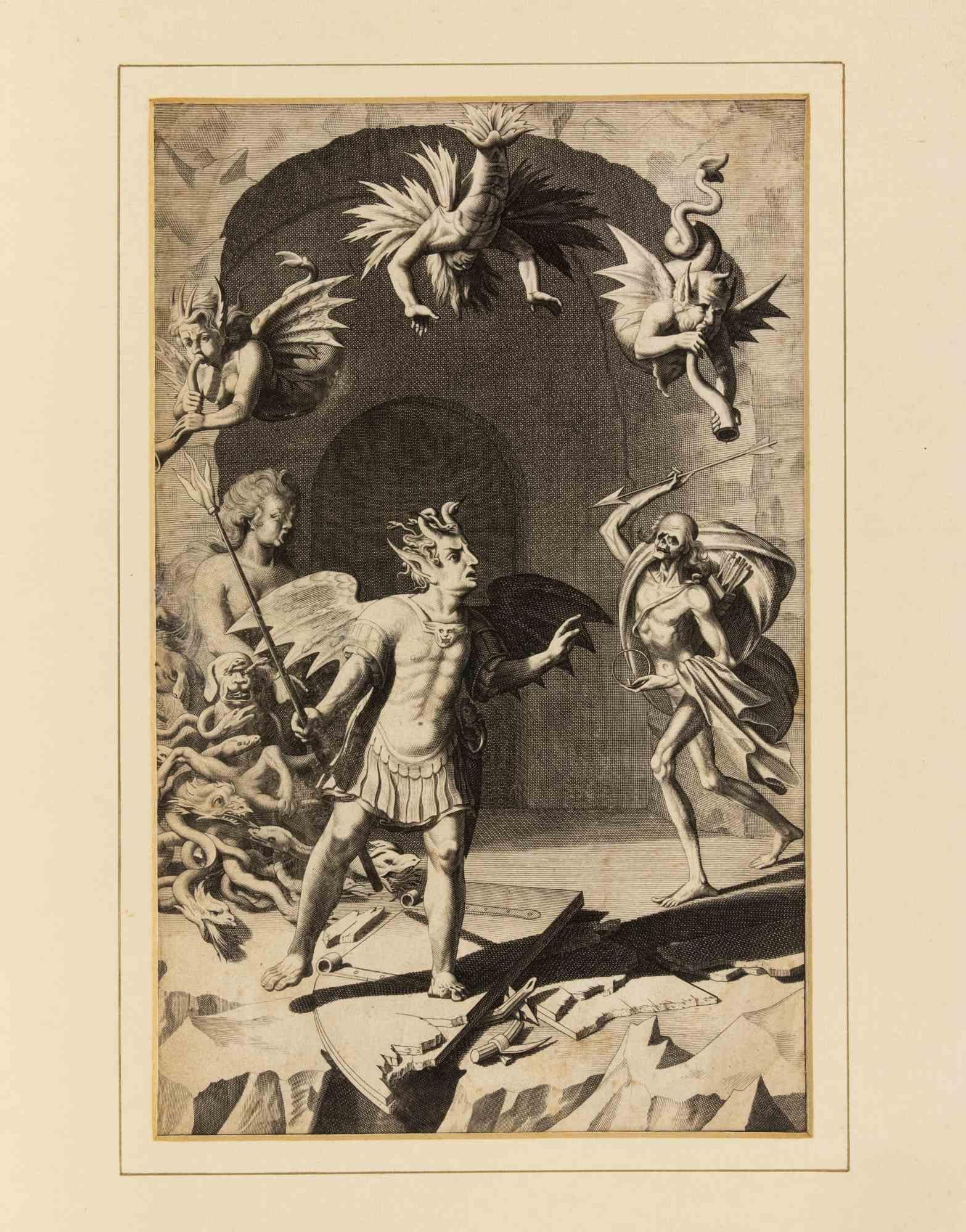 Satan, Sin and Death from Milton's "Paradise Lost" - Etching - Late 17th Century