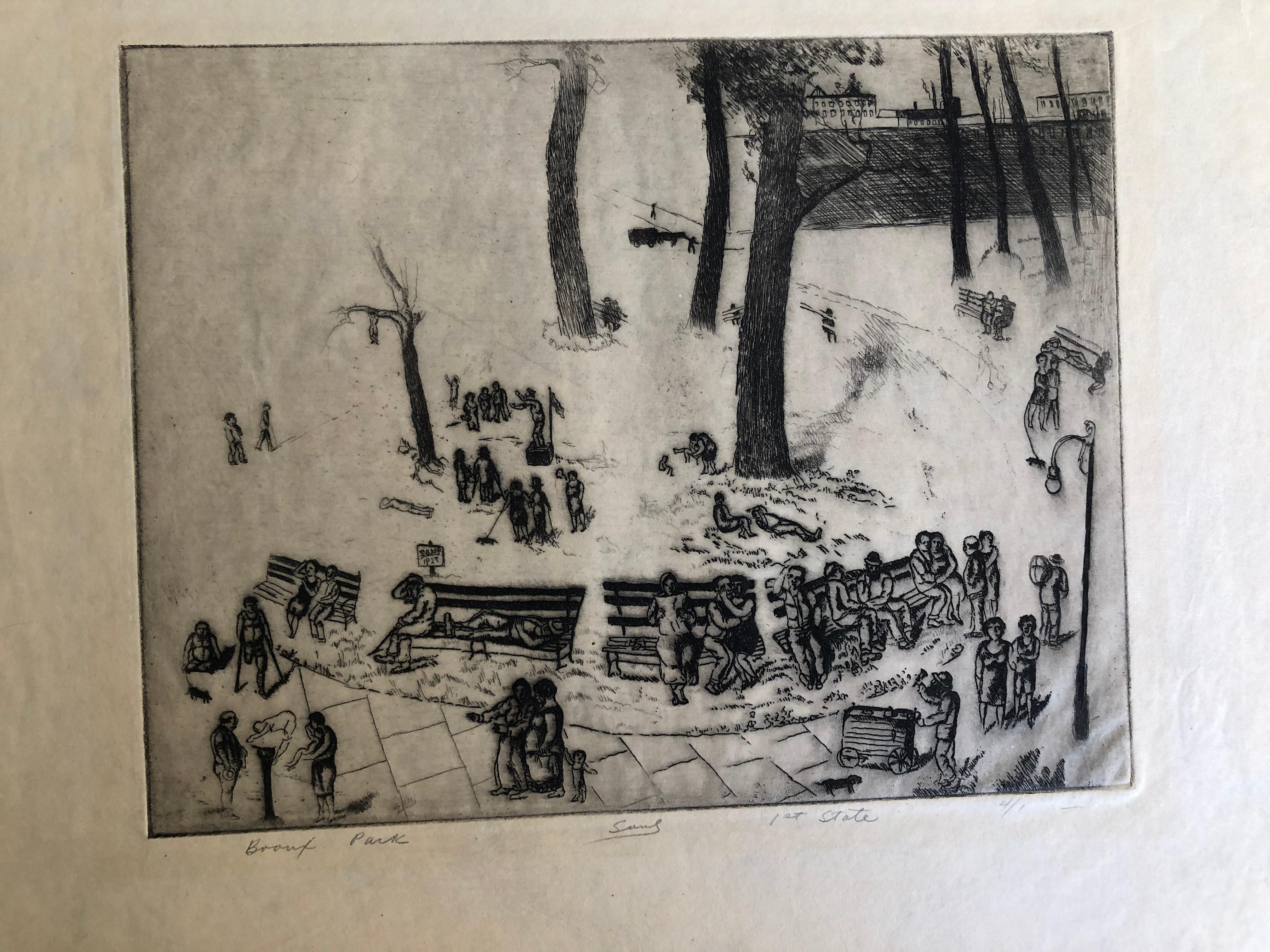 Saul Kovner "Bronx Park" Etching