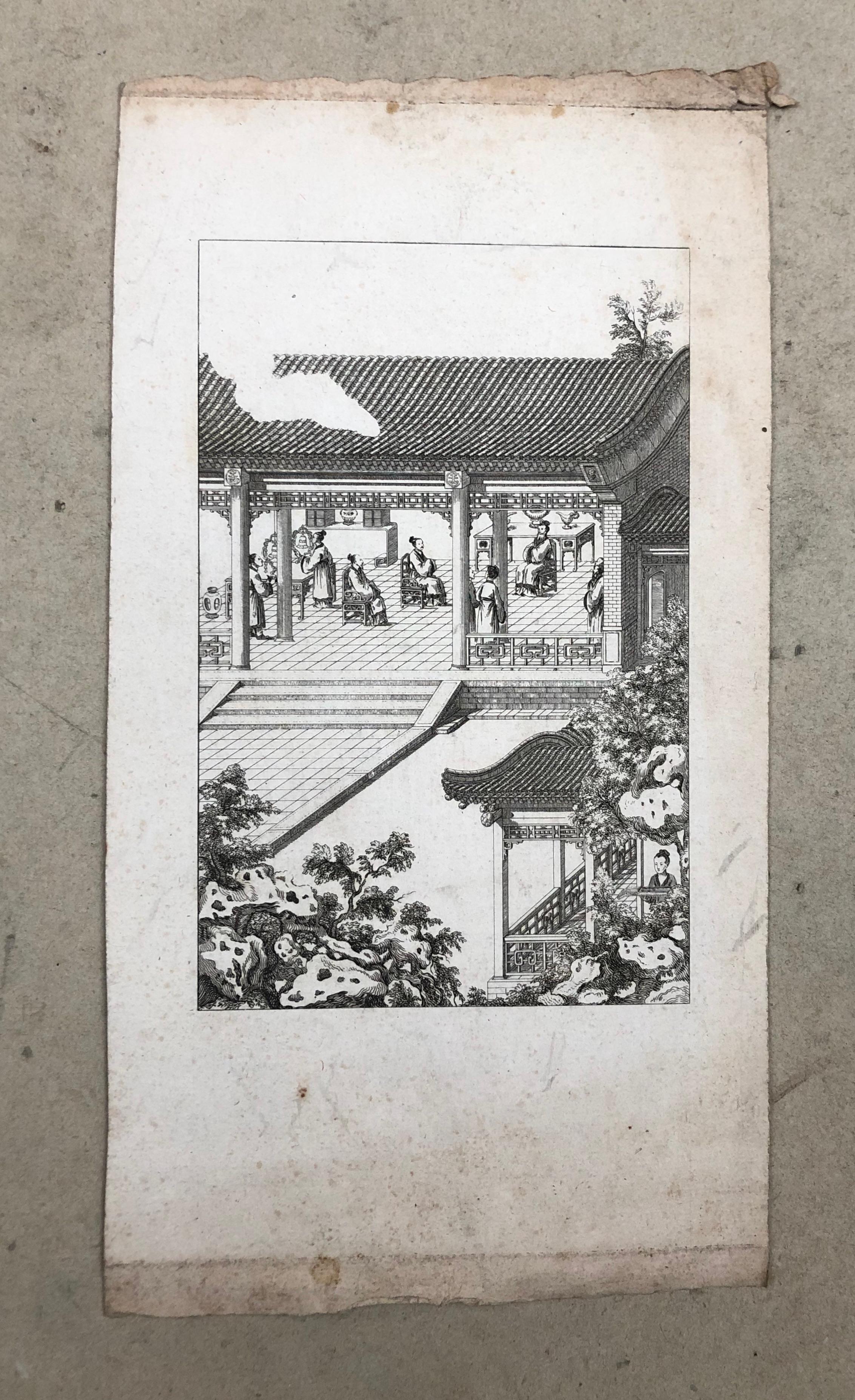 Szenen aus dem chinesischen Leben.
6 Stiche aus dem Ende des 18. oder dem Anfang des 19. Jahrhunderts.
Flecken und Sommersprossen.
Foldes oder kleine Risse in den Rändern für einige Platten.
Von 24 x 17 cm bis 30 x 16 cm