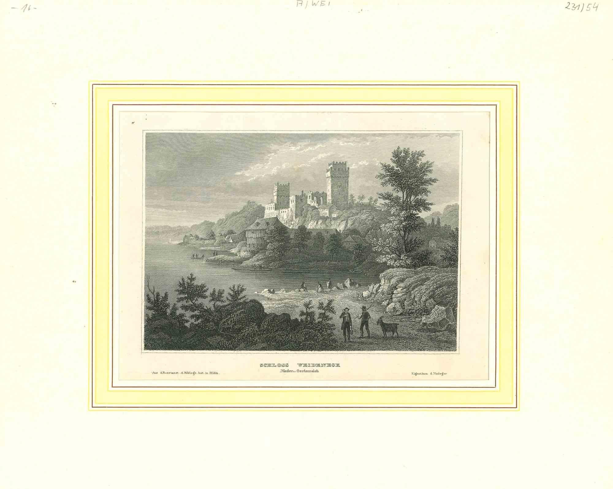 Landscape Print Unknown - Schloss Weideneck - Lithographie originale sur papier - Milieu du XIXe siècle