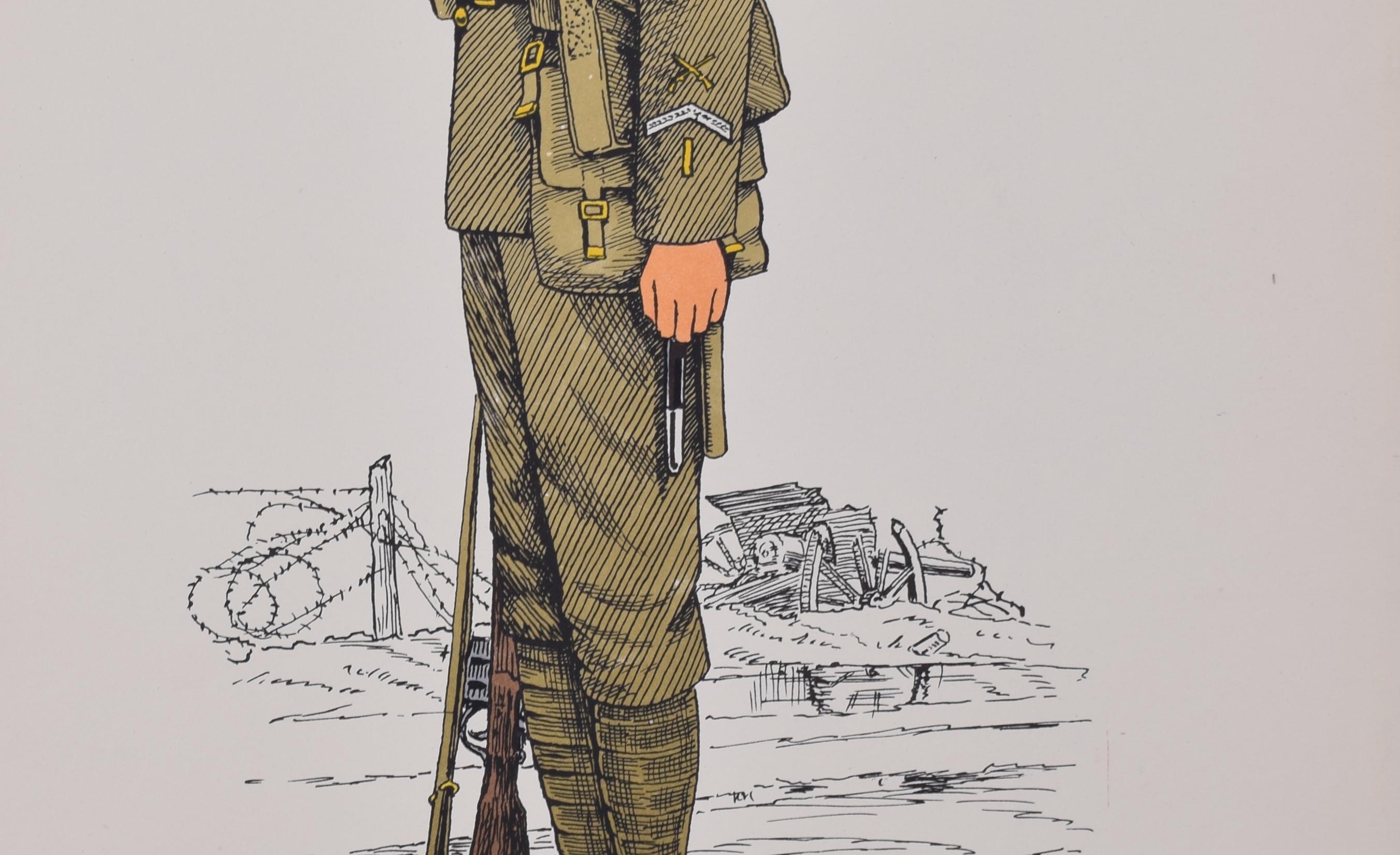 Schottengarde Gardist (Marschordnung) Uniform 1917
Lithographie
50 x 31 cm

Produziert für das Institute of Army Education. Gedruckt für das HM Stationery Office von I A Limited, Southall 51.

Diese Plakate wurden vom Institut für Armeeerziehung