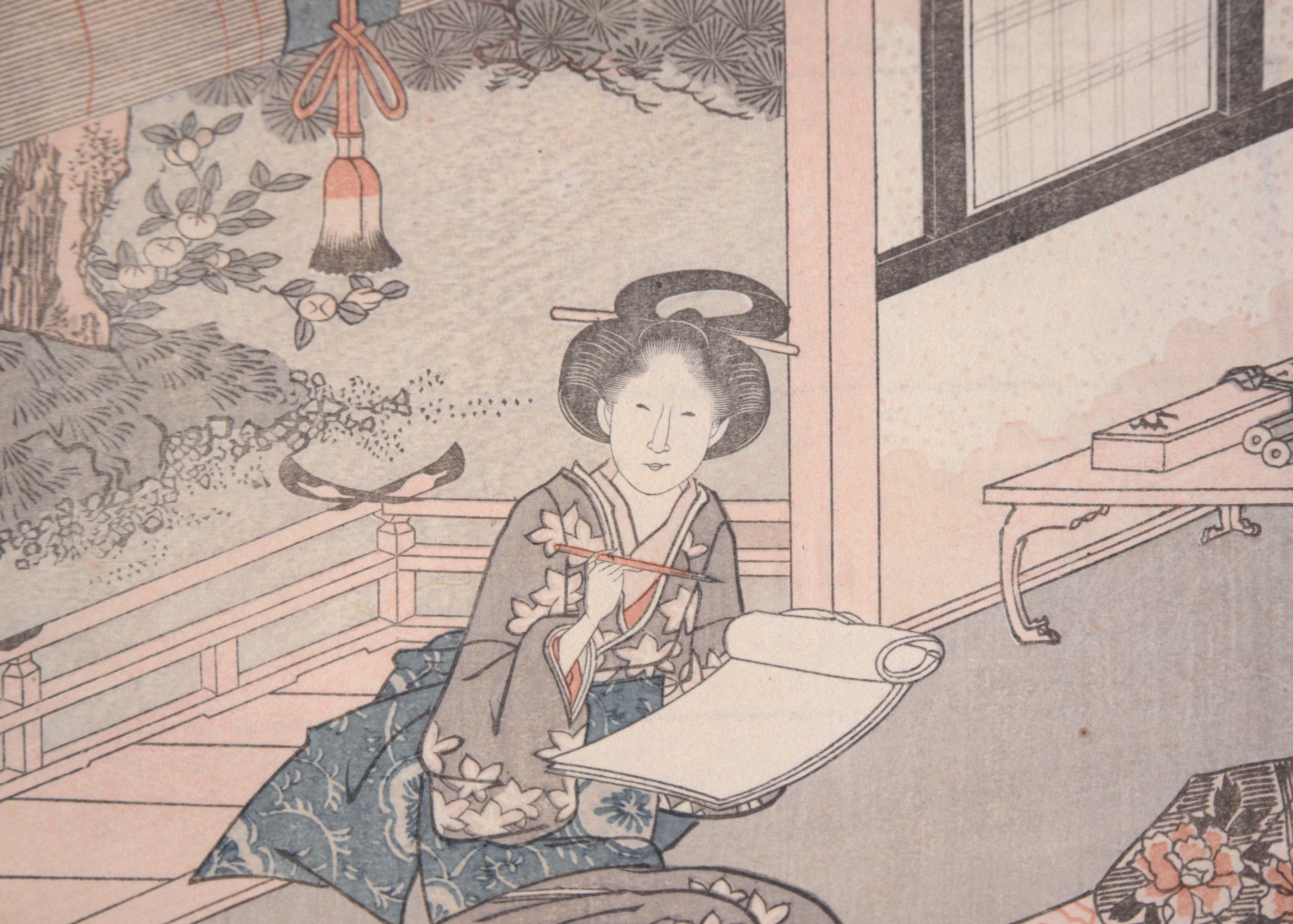 Scribe und persönlicher Assistent des Shogun – Japanischer Holzschnitt auf Papier

Detaillierter Farbholzschnitt eines unbekannten Künstlers, im Stil von Suzuki Harunobu. In der Szene sind zwei Frauen mit Seidenbändern auf dem Tisch zu sehen. Jede