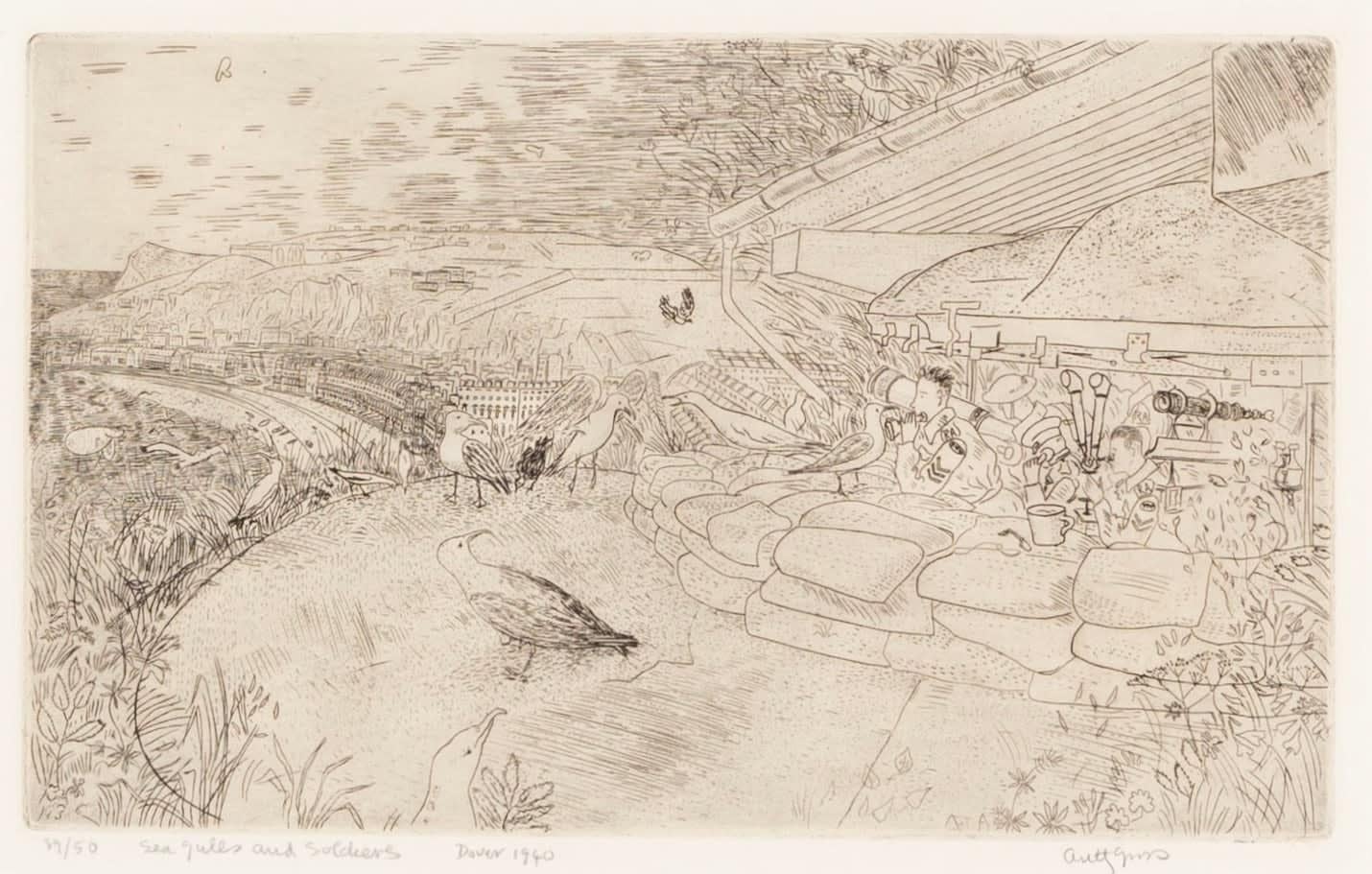 Sea Gulls and Soldiers, Dover by Anthony Gross, 1940

Additional information:
Medium: etching
29 x 41 cm
11 3/8 x 16 1/8 in
signed, titled and dated in pencil

English painter and printmaker. He trained in London, Paris and Madrid from 1923 to 1925,