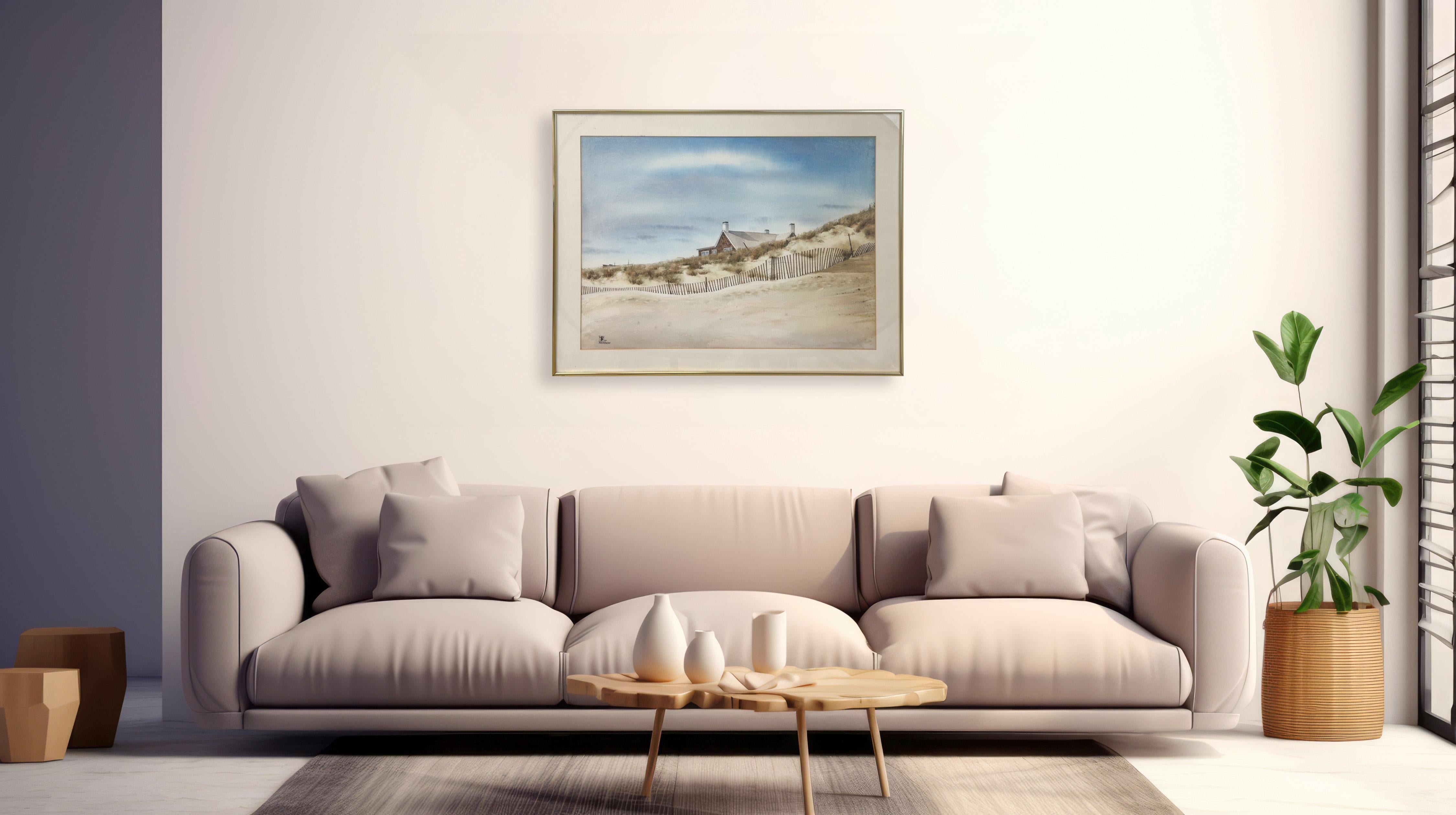 Seascape Beach House Lithograph Print Signed & Framed  - Gray Landscape Print by Unknown