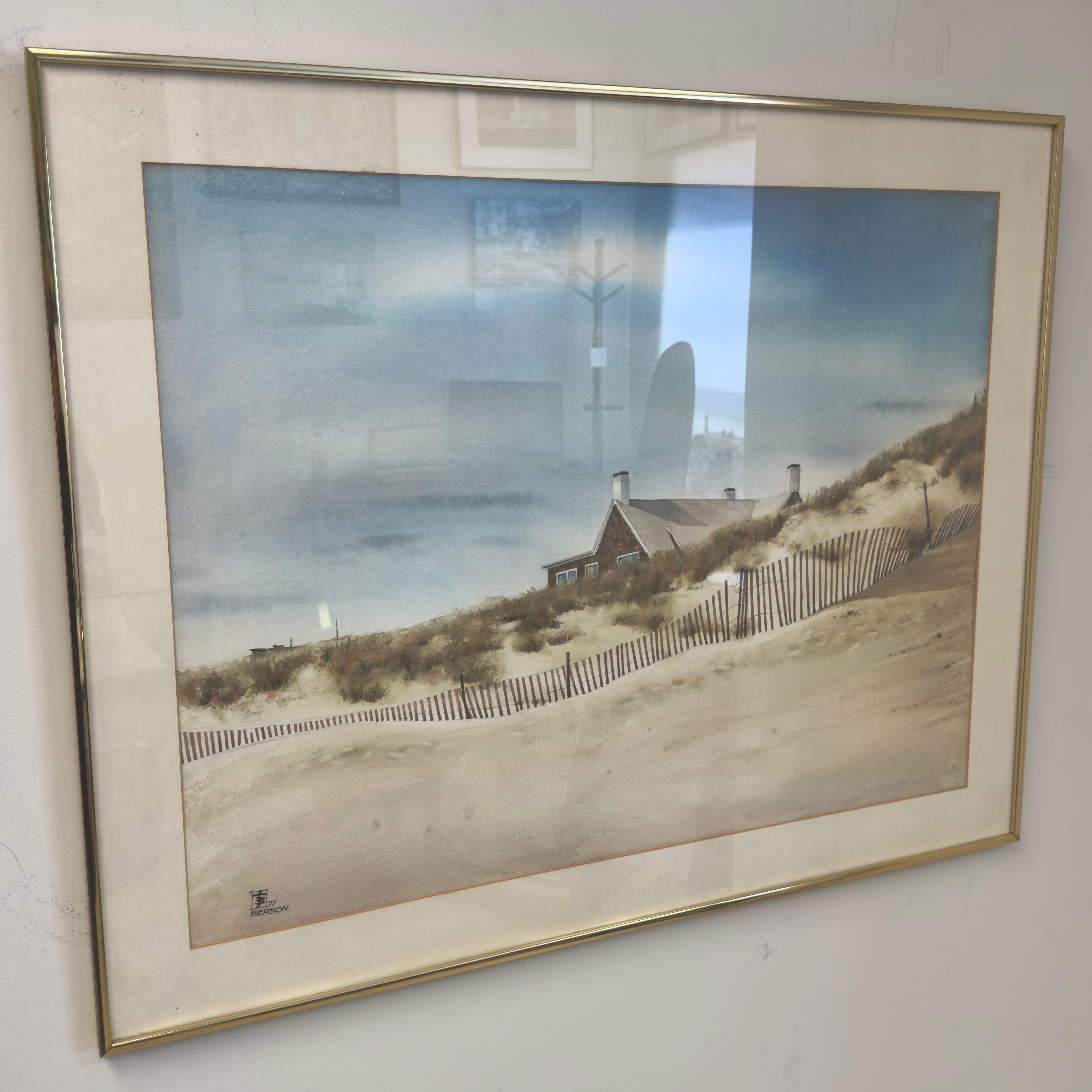 A captivating lithograp showing the serene shores of Montauk, New York—a sanctuary where the meeting of sky, sand, and sea unfolds in perfect harmony. Against a backdrop of azure blue, the sky stretches endlessly, its vastness mirrored in the