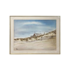 Lithographie de maison de plage encadrée et signée 