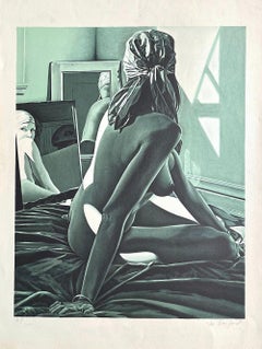 SEATED FEMALE NUDE BOHO HEADWRAP Signed Lithograph, Realistic Nude Portrait