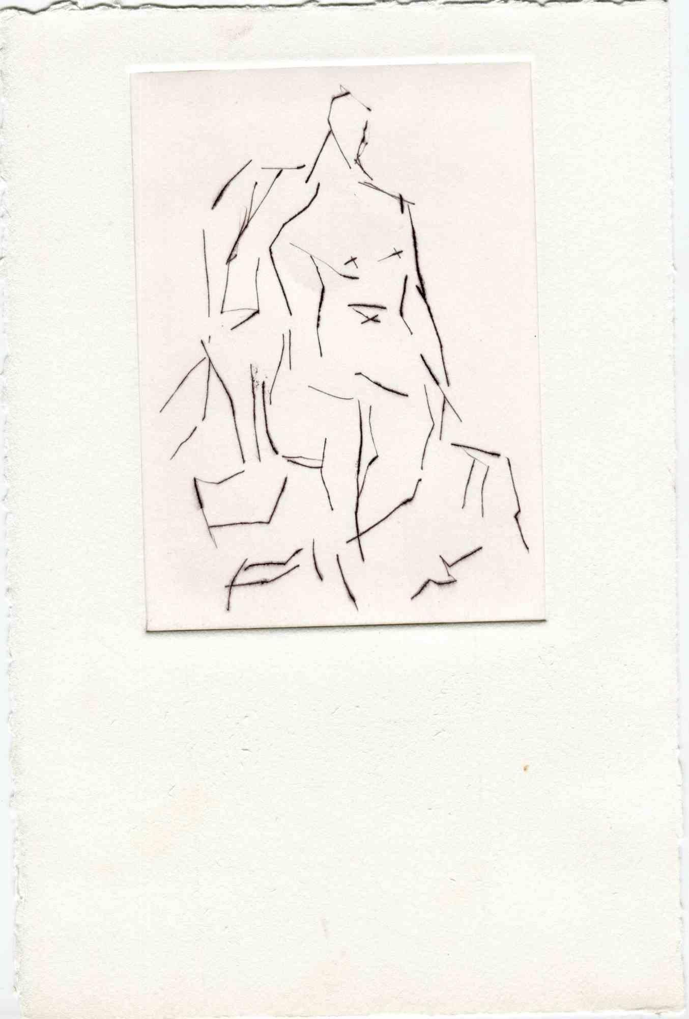 Unknown Figurative Print - Seated Figure - Original Etching and Drypoint - Mid-20th Century