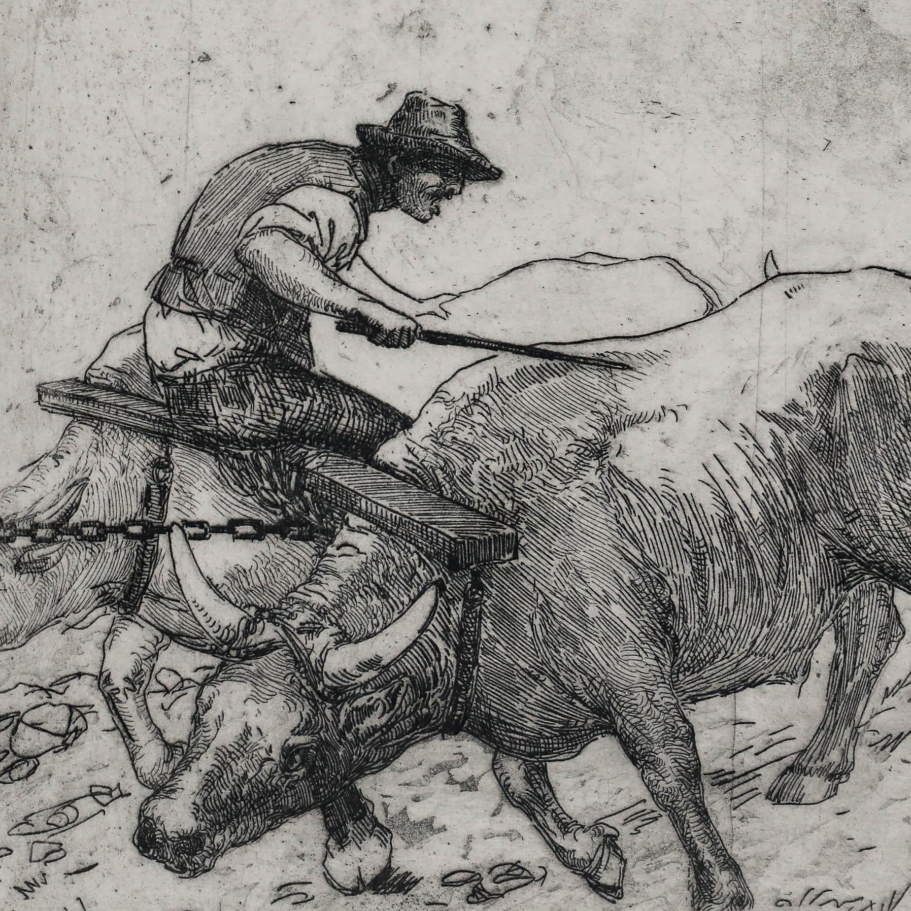 Sergio Vatteroni (1890-1993) - Acquaforte, Tori che trainano un carro di pietra - Print Espressionismo astratto di Unknown