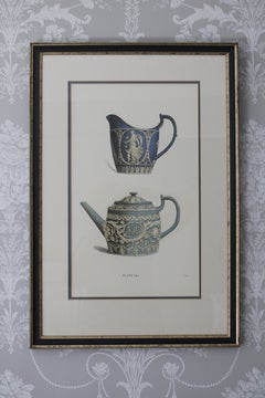 Set of Four Vintage Prints of Blue Wedgewood Teapots, Framed Art