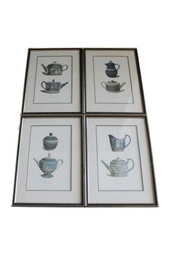 Set of Four Large Vintage Prints of Blue Wedgewood Tea Pots, Blue Jasperware Art