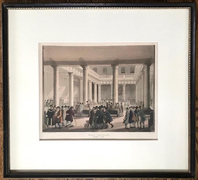 Set of four Regency era coloured engravings by Rowlandson. Four framed coloured engravings of Regency London landmarks including the Corn Exchange, by Rowlandson, circa 1808.
Dimensions: 17.25