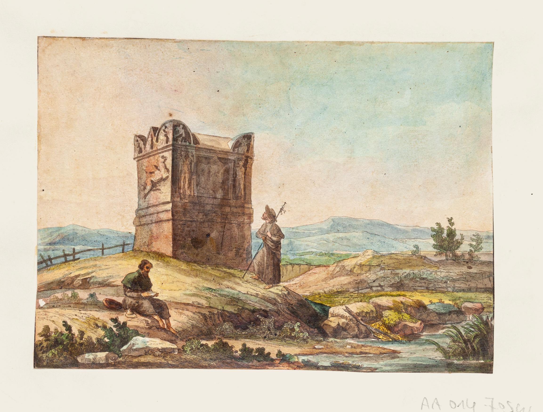 Shepherds - Original Hand Watercolored Etching - 19th Century - Print by Unknown
