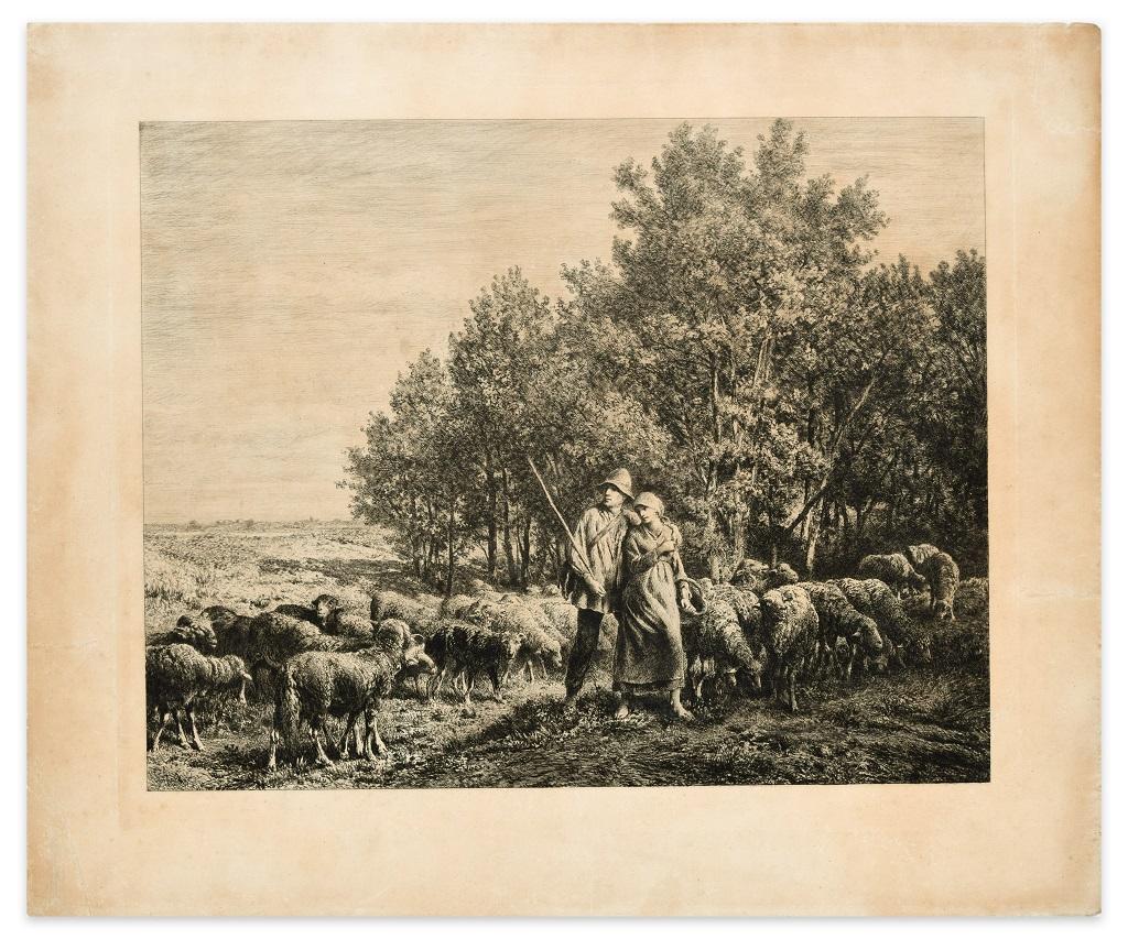 Shepherds with Flock - Original Etching - 19th Century
