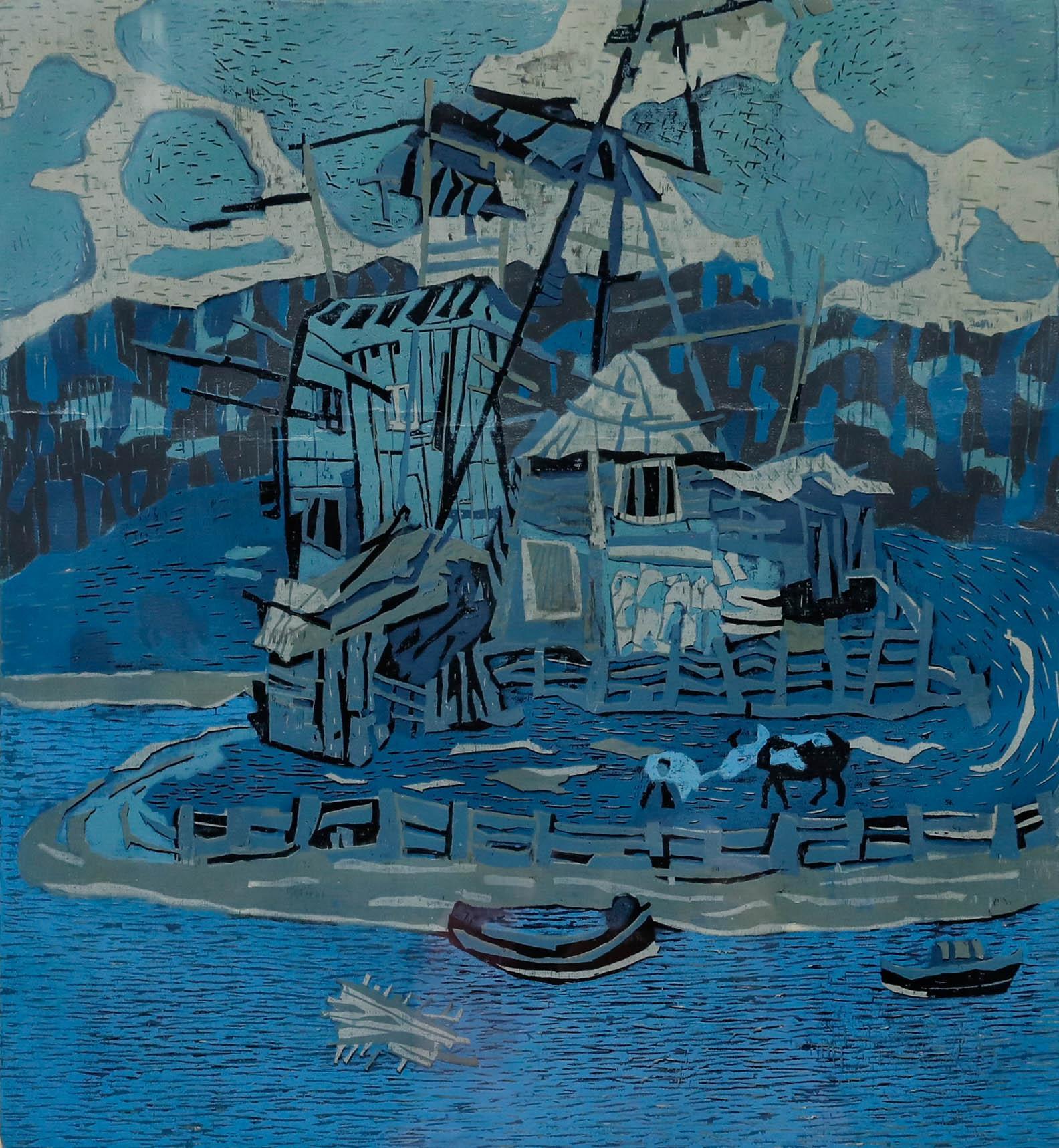 Shiwei Zhu - 1995 Woodblock, Lakeside - Print de Unknown