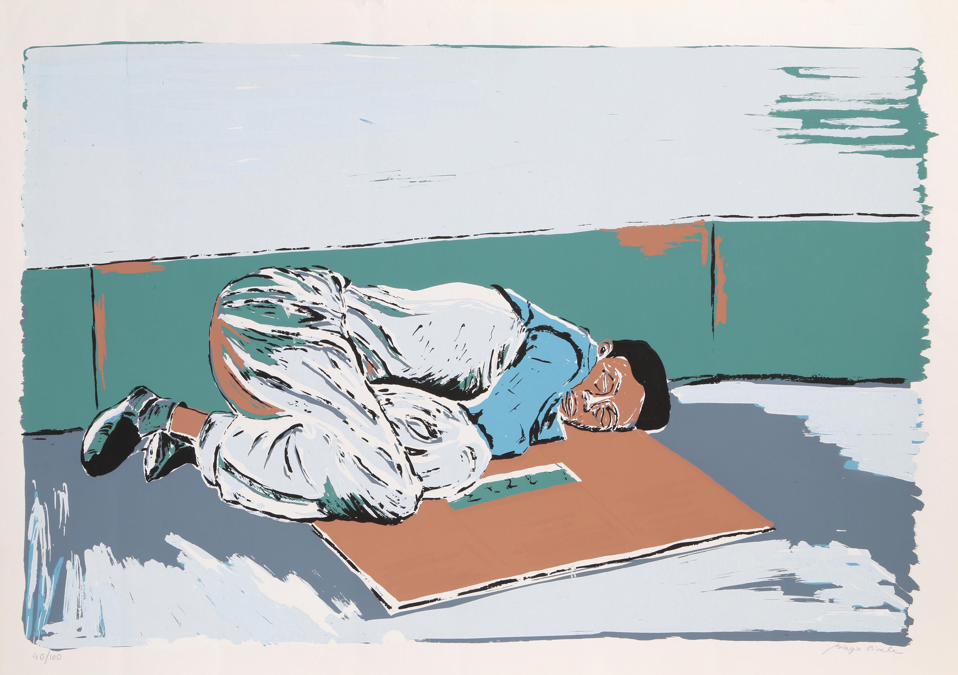 Unknown Figurative Print - Shoeshine Sleeping Outdoors, Modern Screenprint by Biagio Civale