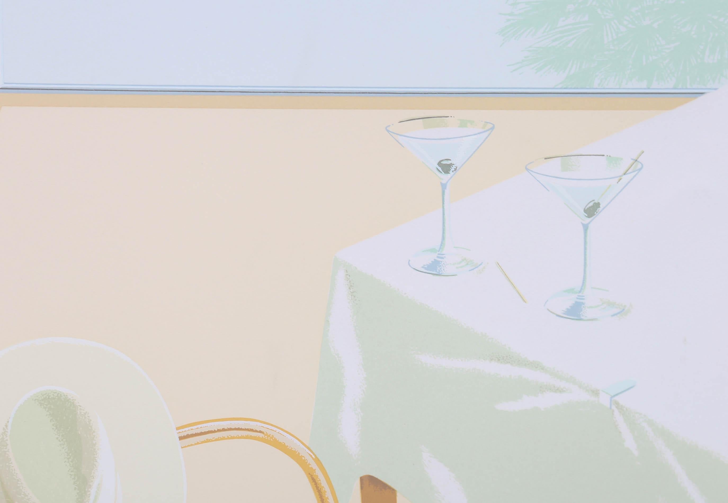 Un encantador estudio de una casa club utilizando tonos pastel. En él podemos ver una silla de playa vacía y copas de martini. Firmado ilegiblemente en el borde inferior junto con el título y el número de impresión 3/200. En tejido.





