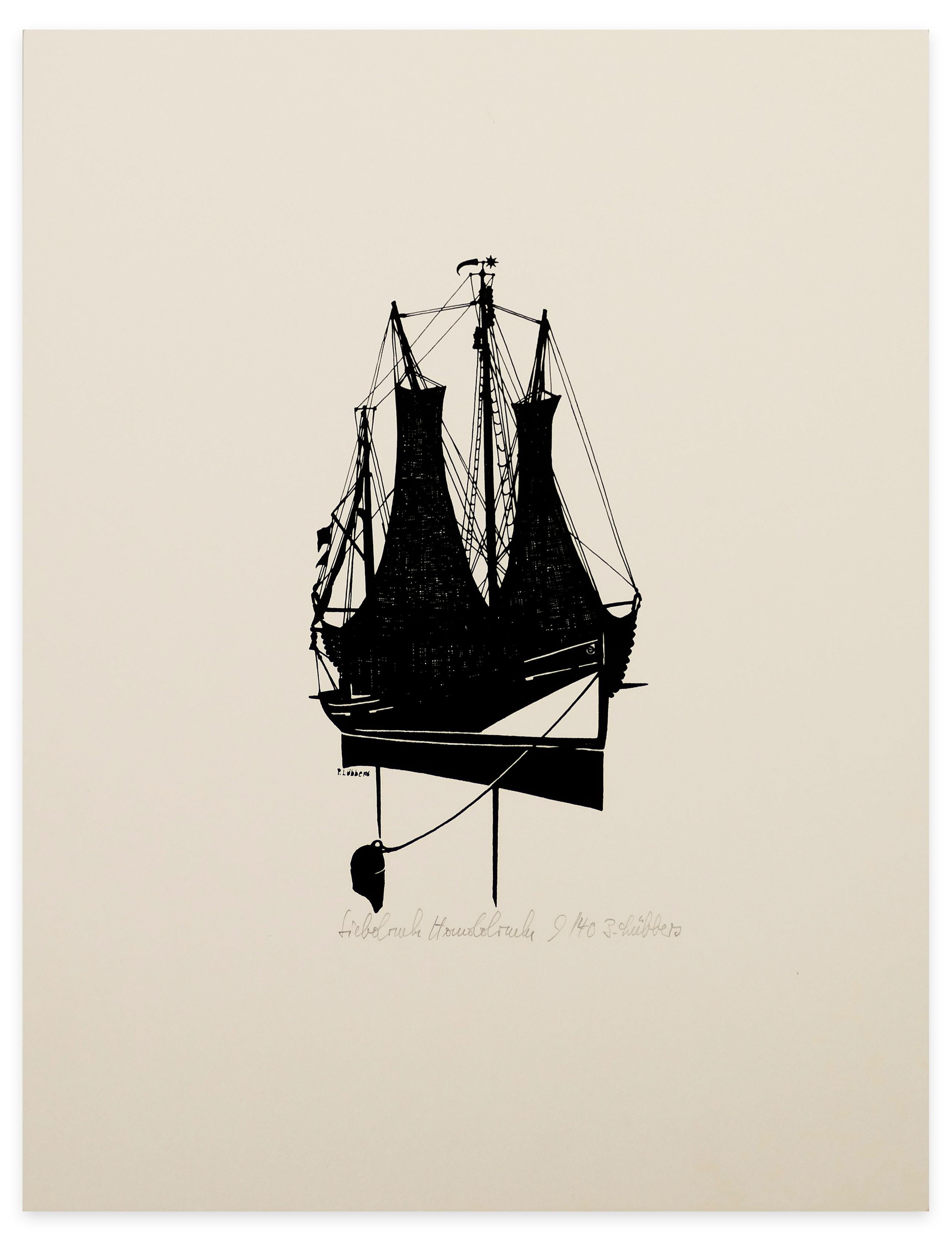 Unknown Figurative Print – Silhouette eines Segelschiffes – Original Siebdruck – 1970er Jahre