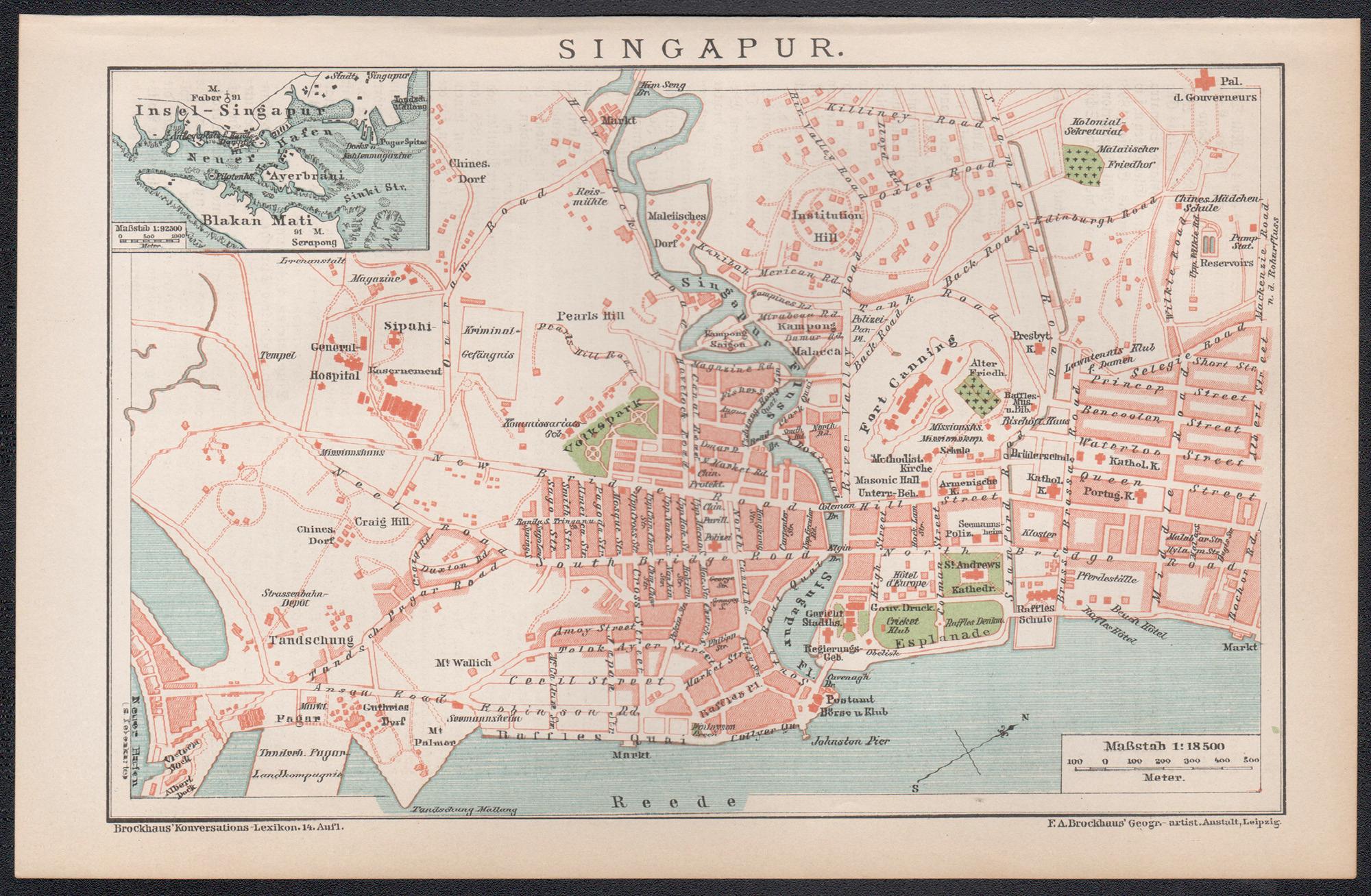 Singapur. Antike Karte Stadtplan Chromolithographie, um 1895 – Print von Unknown