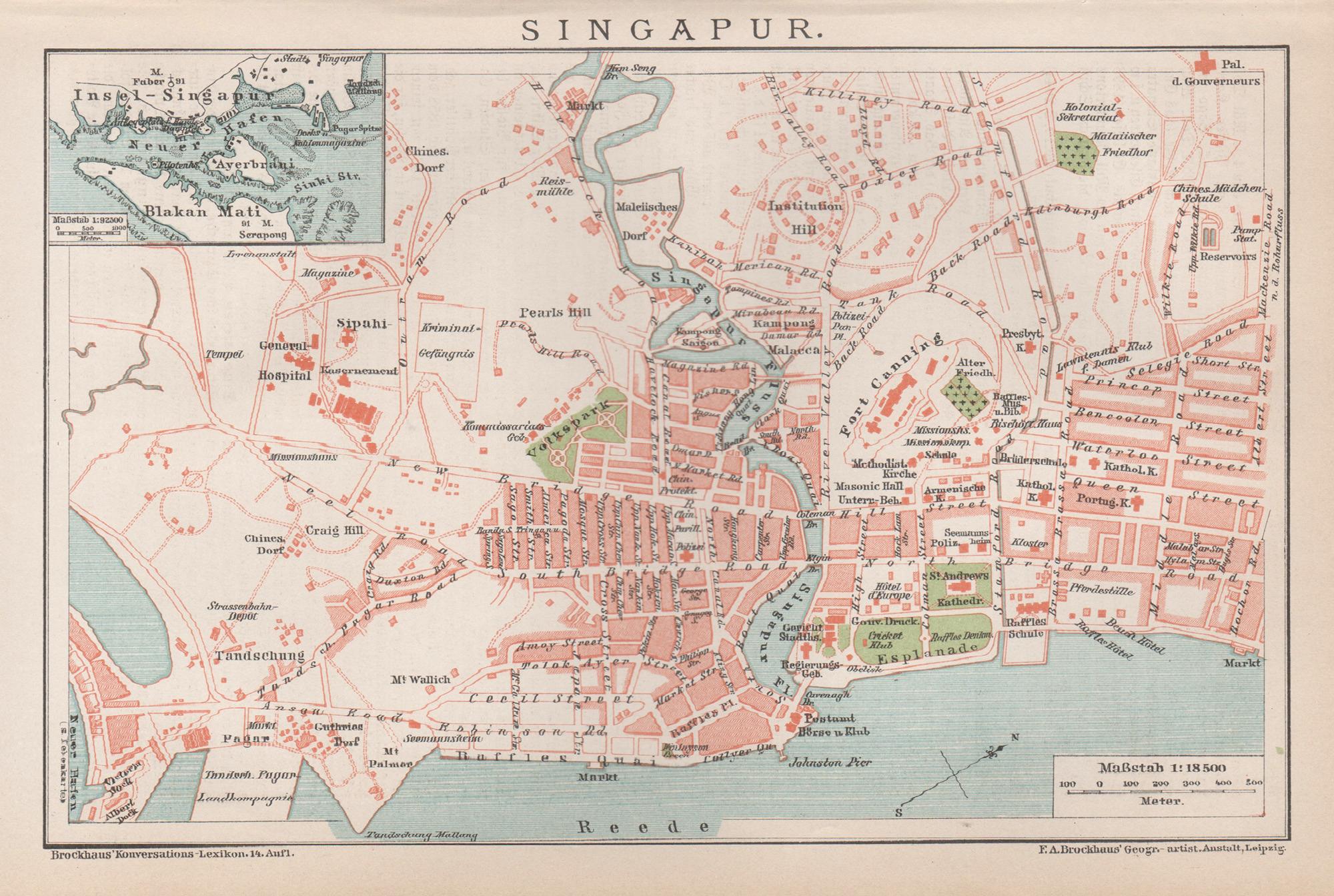 Singapour. Carte ancienne Plan de ville Chromolithographie, circa 1895
