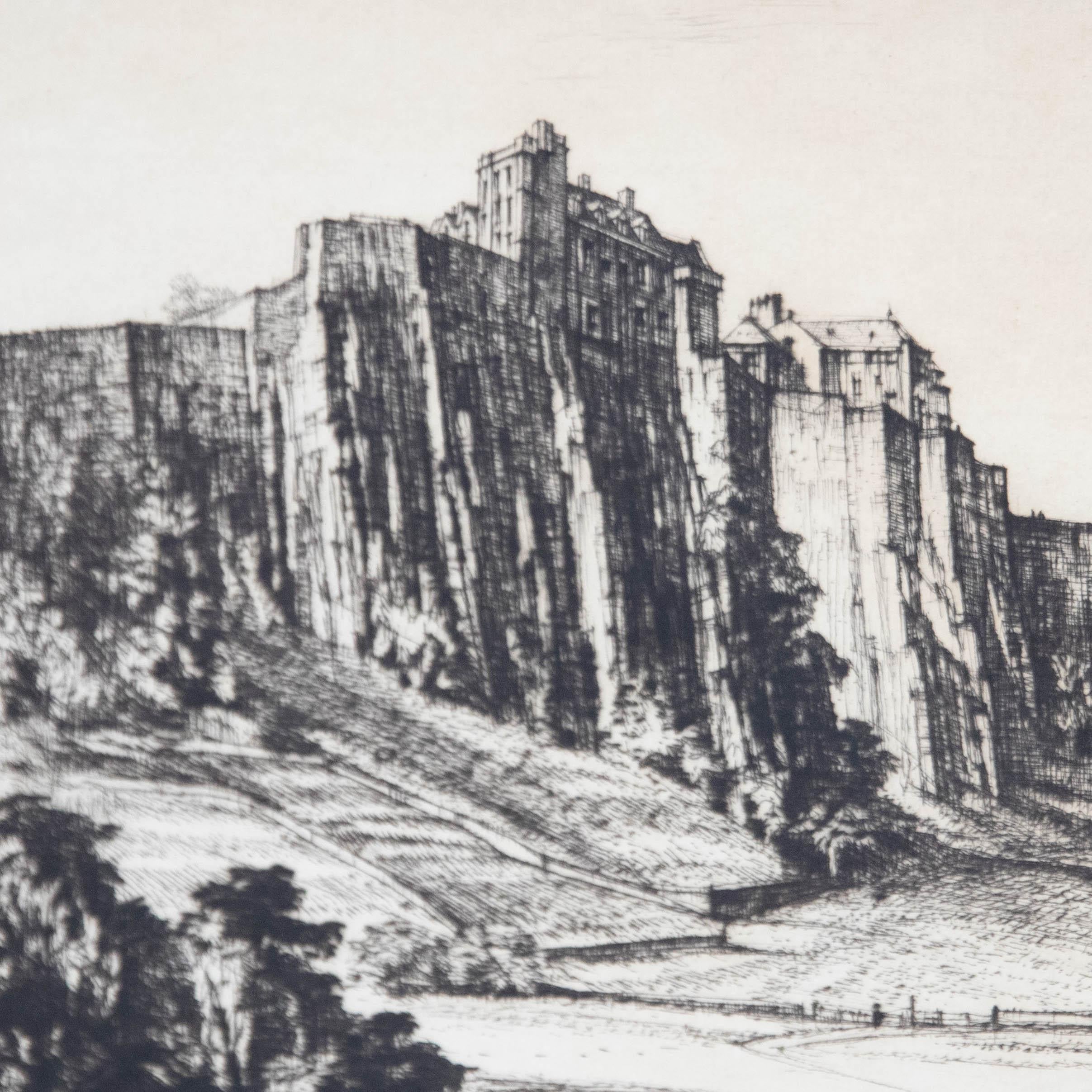 An accomplished etching depicting Stirling Castle, the childhood home of Mary Queen of Scots. The artist has signed in plate to the lower right and again in pencil to the lower margin. The etching has been attractively presented in a simple wood