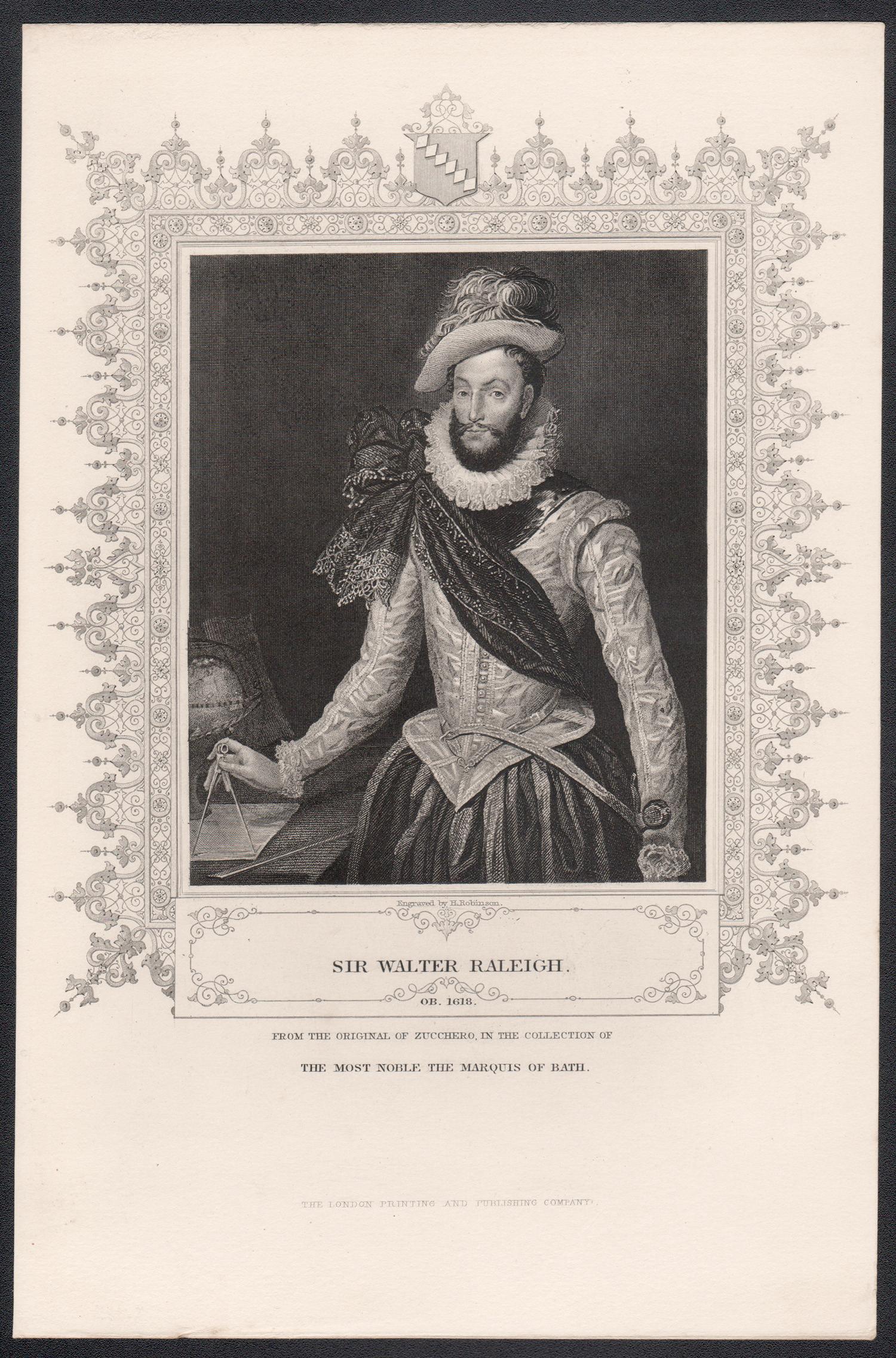 Sir Walter Raleigh, 19th century portrait engraving print - Print by Unknown