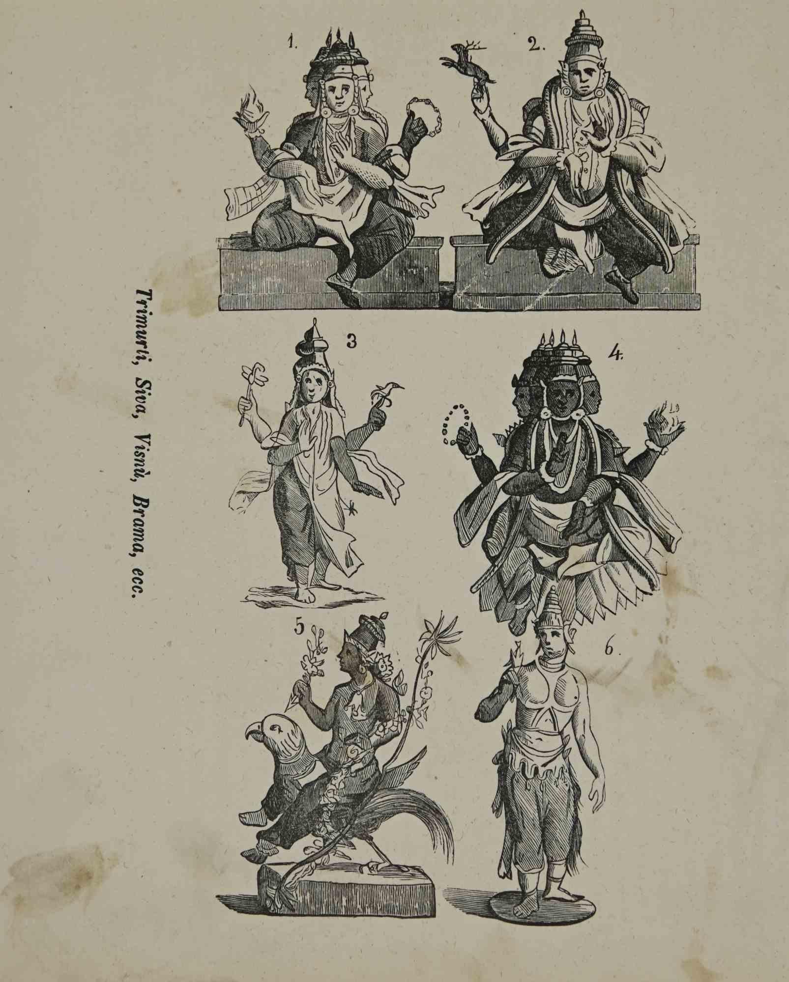 Unknown Figurative Print - Siva, Visnu, Brama - Indian Costumes  - Lithograph - 1862