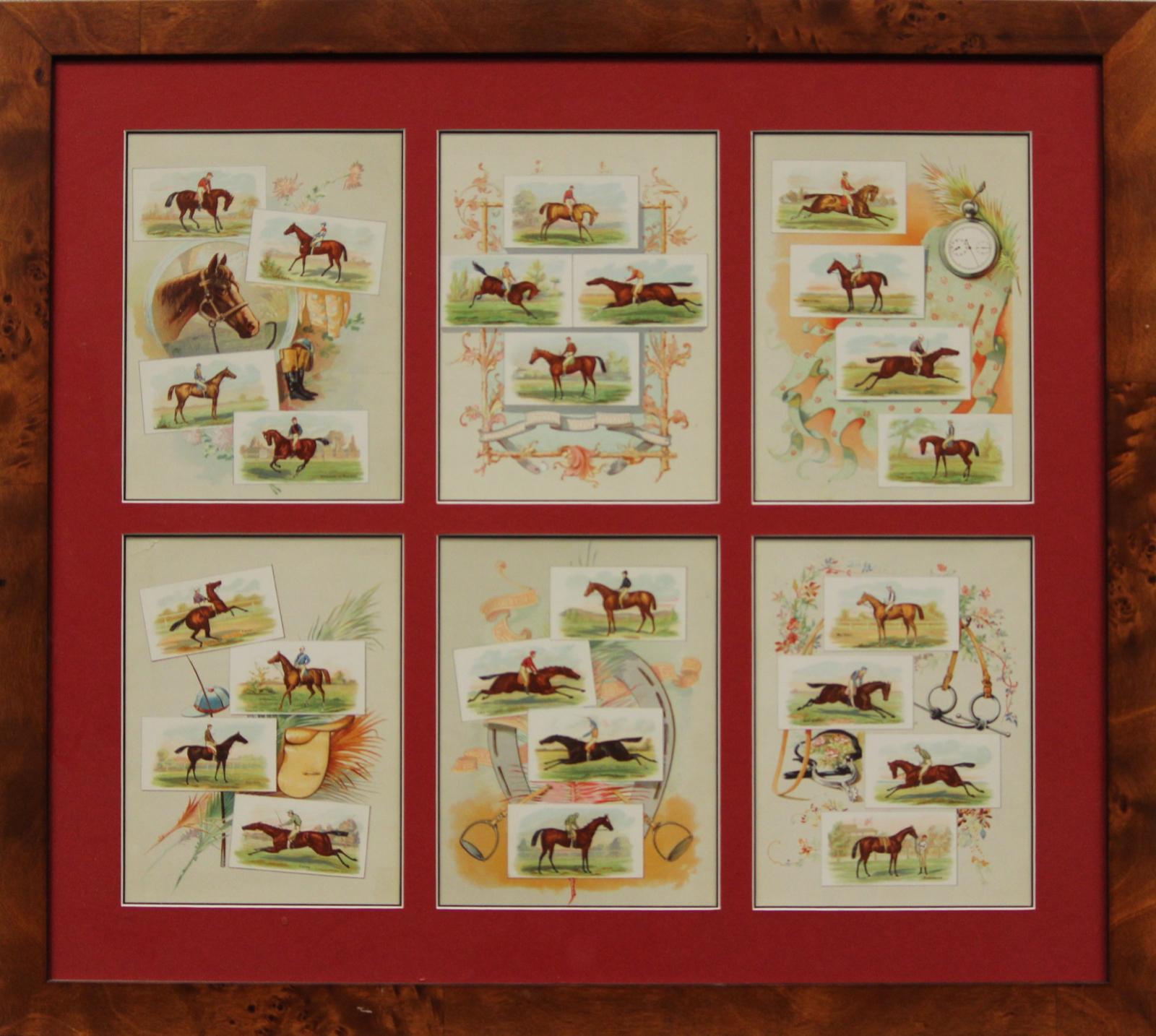"Sei carte di cavalli da corsa" del 1920 circa montate e incorniciate
