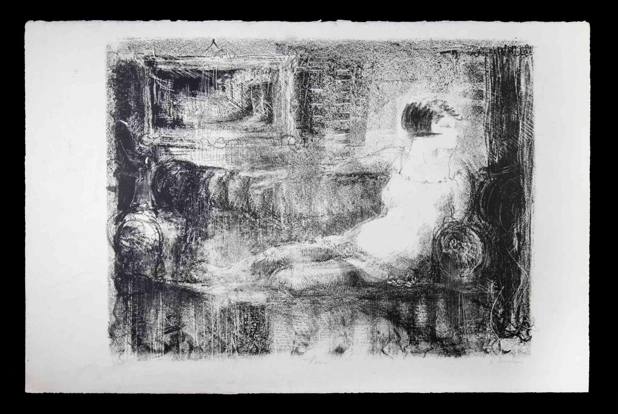 Figurative Print Unknown - Sketch of an Interior (croquis d'un intérieur)  - Lithographie d'origine - Milieu du XXe siècle