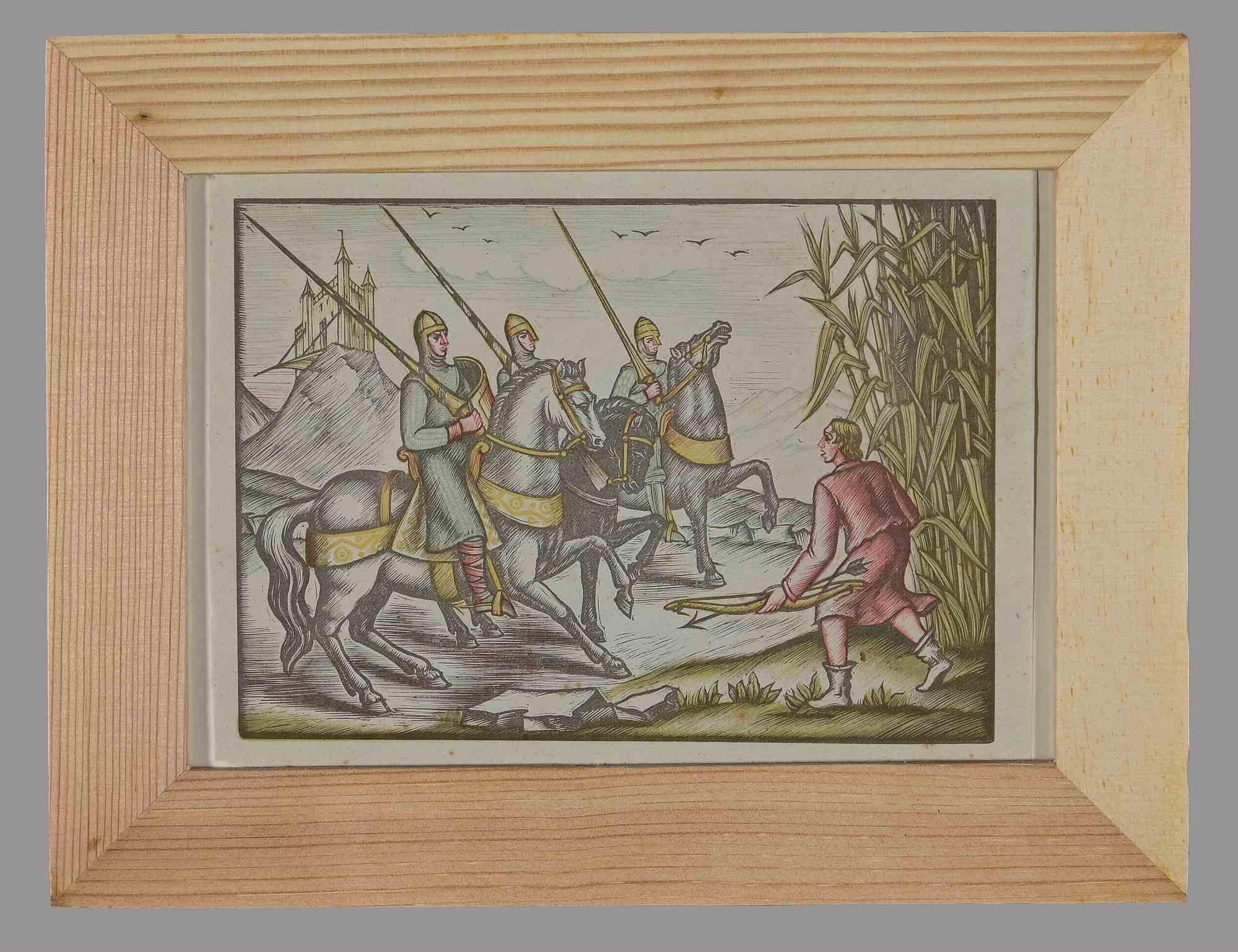 Soldaten zu Pferd – Holzschnitt – frühes 20. Jahrhundert