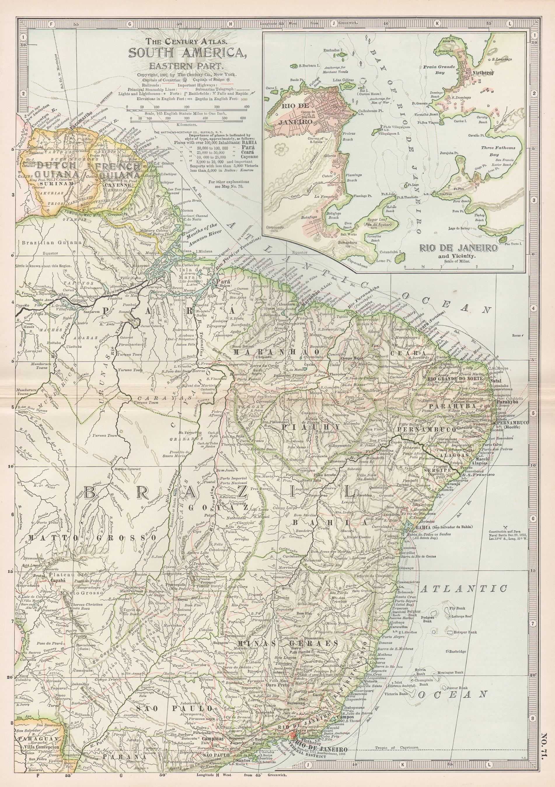 South America, Eastern Part. Century Atlas antique vintage map