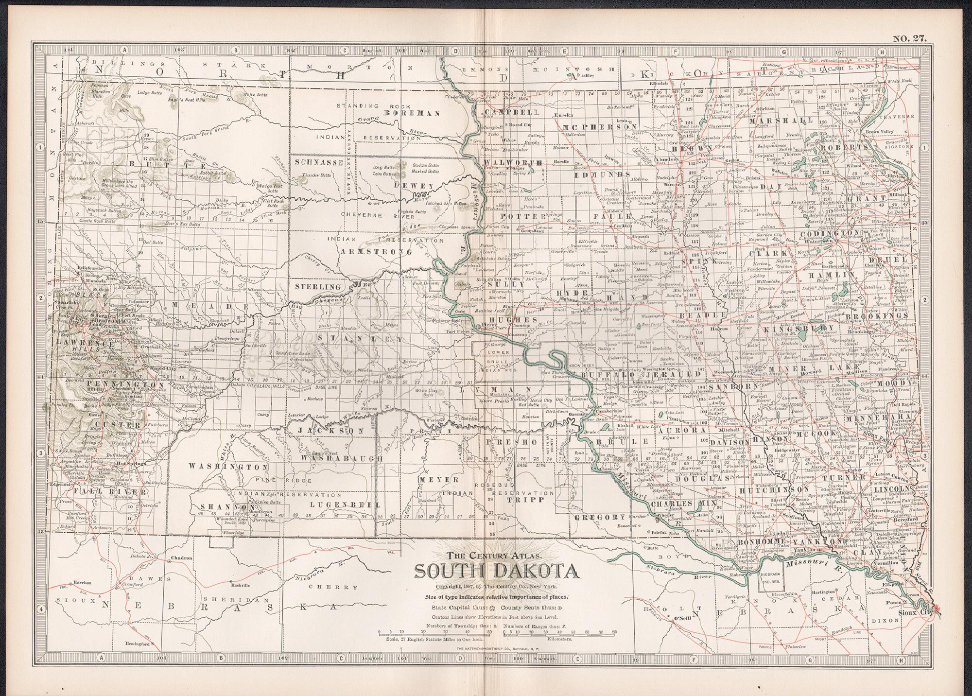 South Dakota. USA. Century Atlas state antique vintage map - Print by Unknown