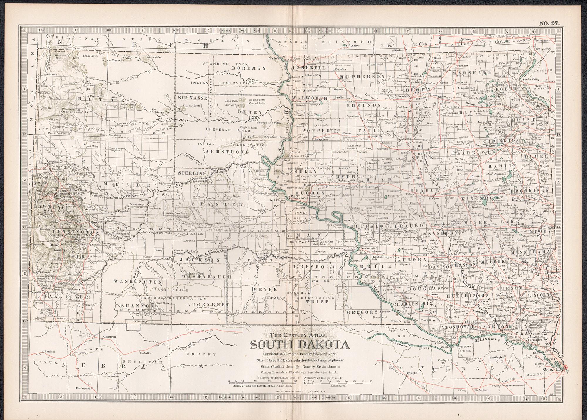 South Dakota. USA. Atlante di stato Century Atlas antica mappa d'epoca - Print di Unknown