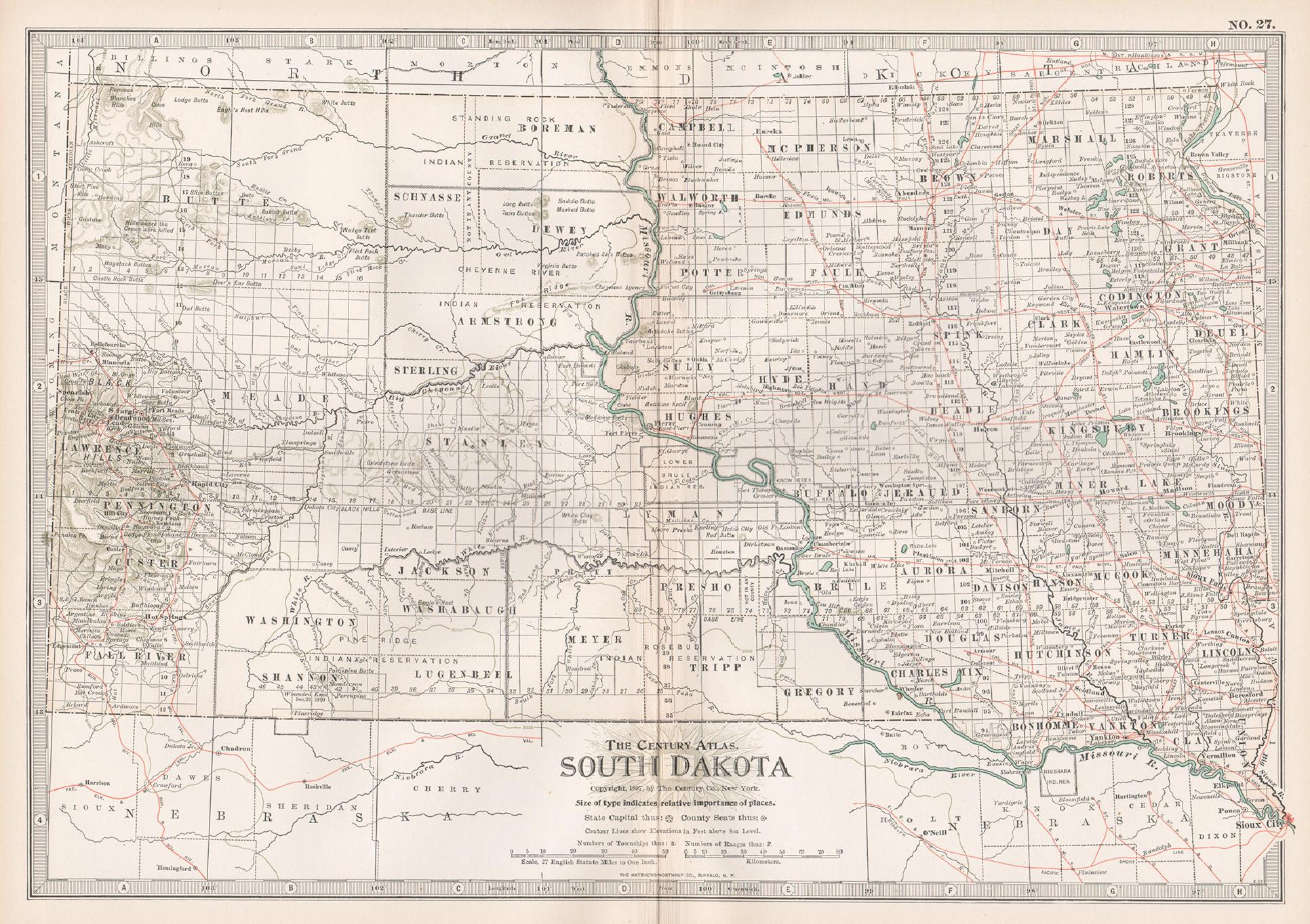 South Dakota. USA. Century Atlas state antique vintage map