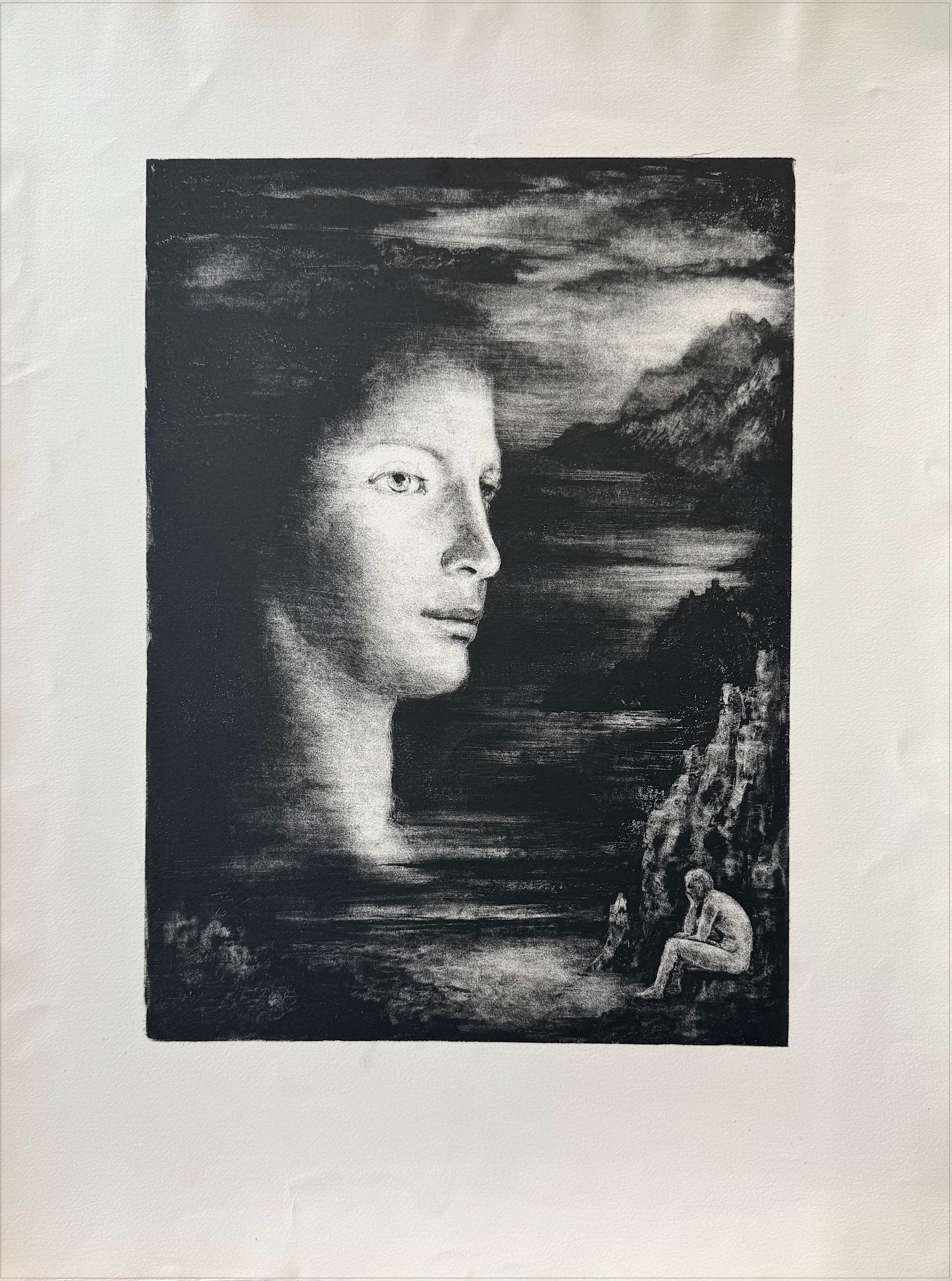 SOUVENIRS Original Stone Lithograph, Woman's Face Profile Surreal Dark Landscape - Print by Unknown
