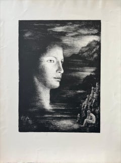 SOUVENIRS Original Stone Lithograph, Symbolist Portrait, 1970s Print