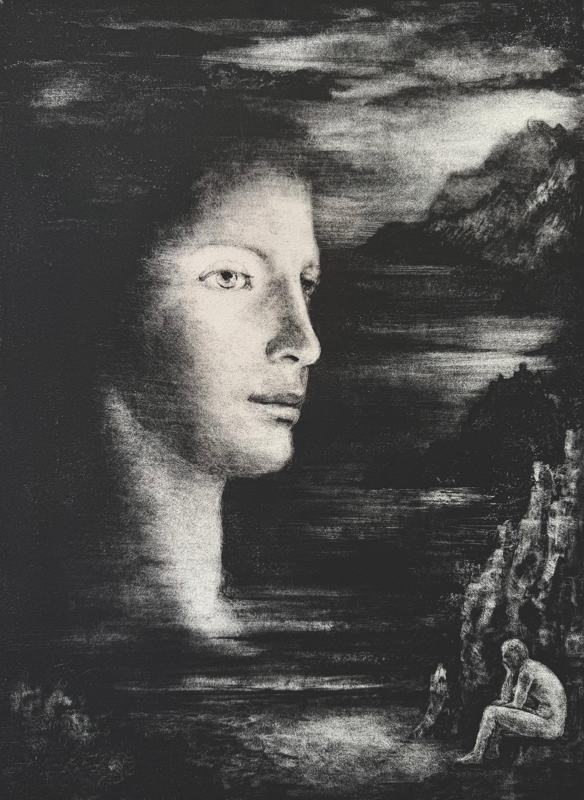 SOUVENIRS Original Stone Lithograph, Woman's Face Profile Surreal Dark Landscape - Realist Print by Unknown