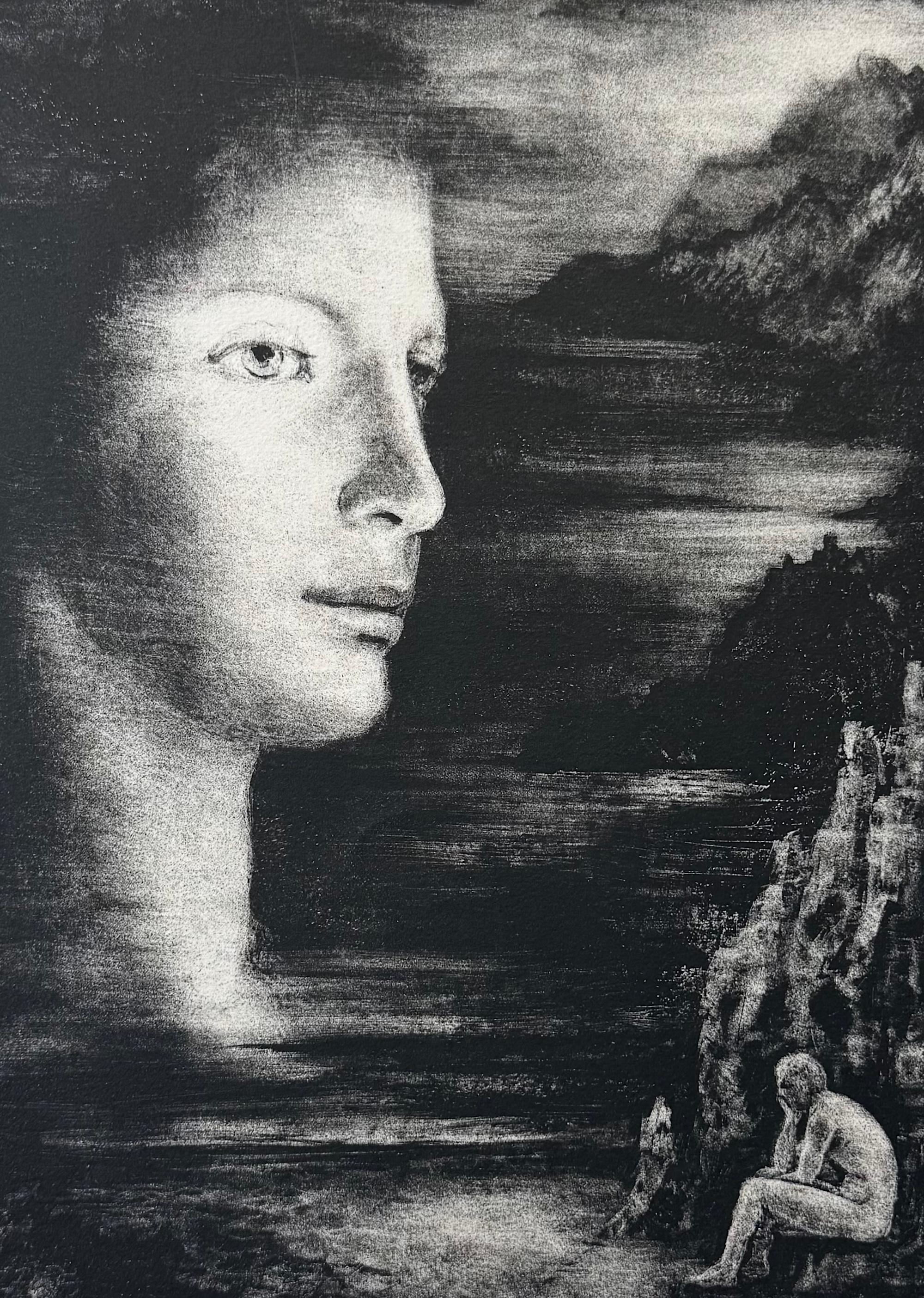 SOUVENIRS Original Stone Lithograph, Woman's Face Profile Surreal Dark Landscape - Black Portrait Print by Unknown