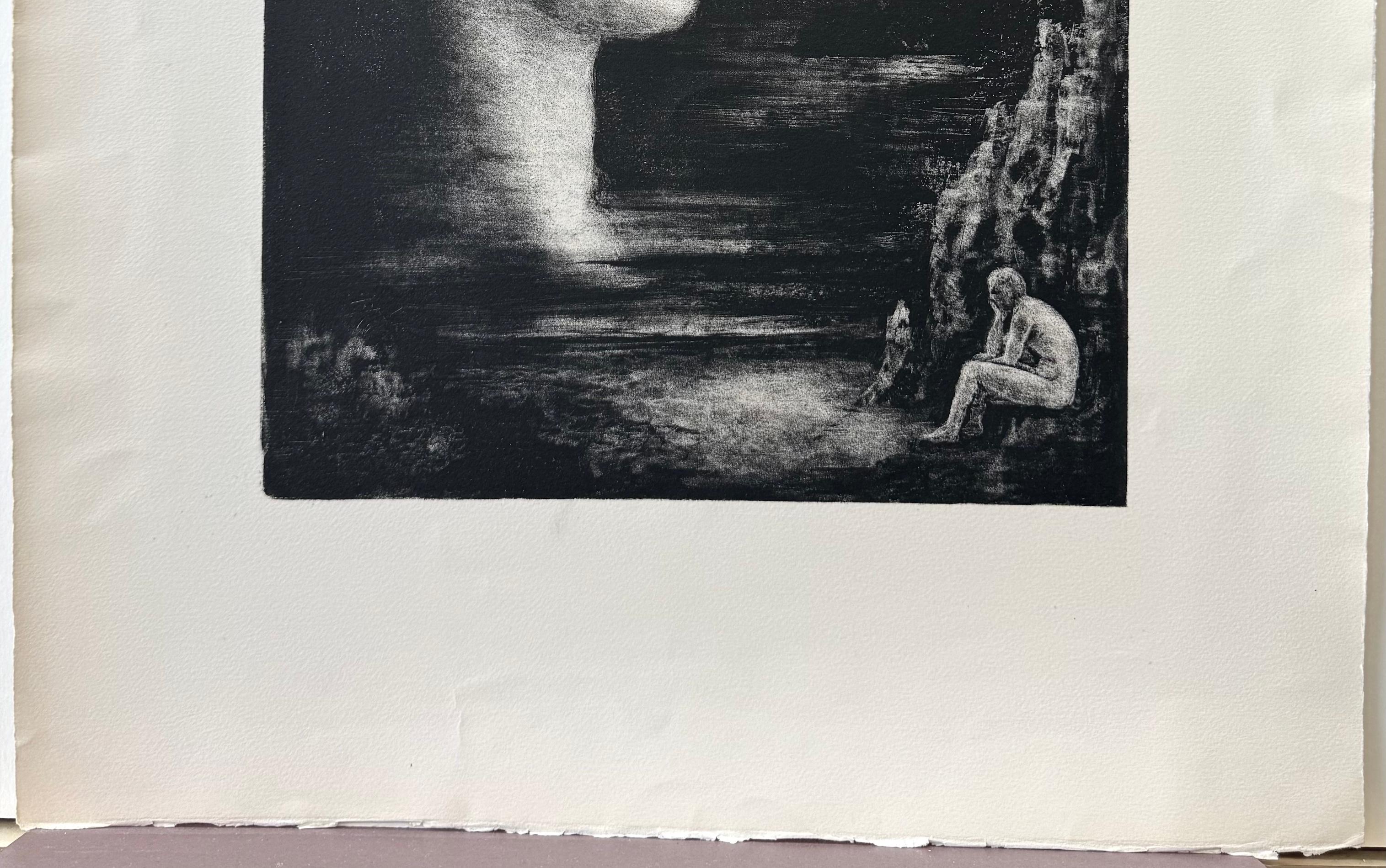 SOUVENIRS Original Stone Lithograph, Woman's Face Profile Surreal Dark Landscape For Sale 1