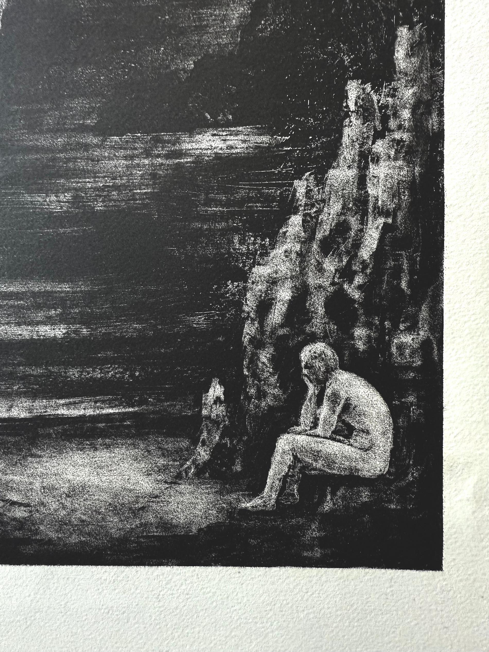 SOUVENIRS Original Stone Lithograph, Woman's Face Profile Surreal Dark Landscape For Sale 2
